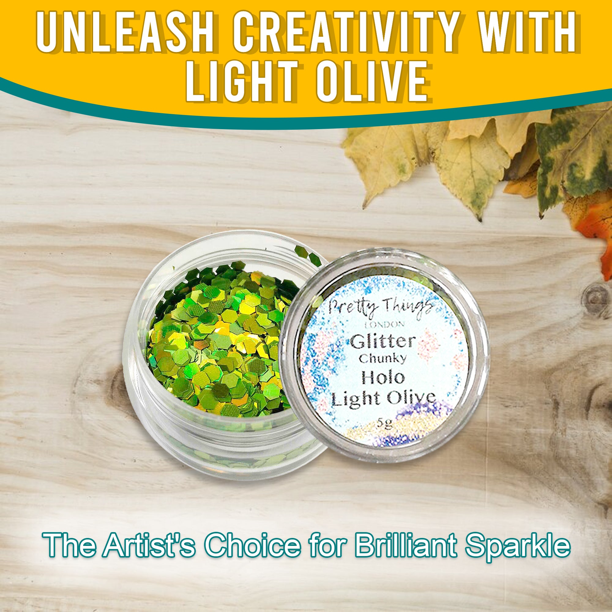 2.	Unleash Creativity with Light Olive - Pretty Things London Chunky Holographic Glitter