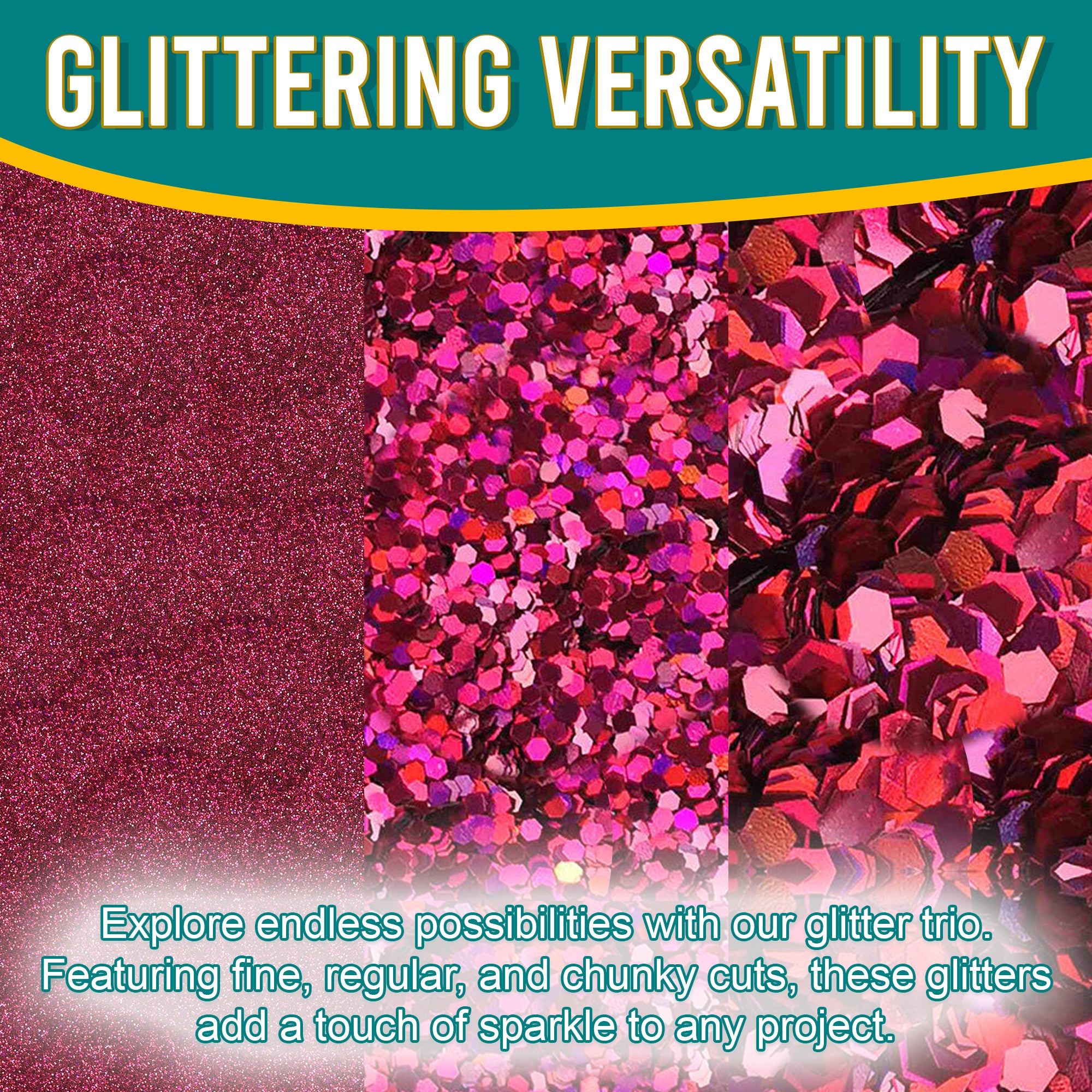 2.	Versatile Showcase - Magenta Glitter Trio with Fine, Regular, and Chunky Cuts