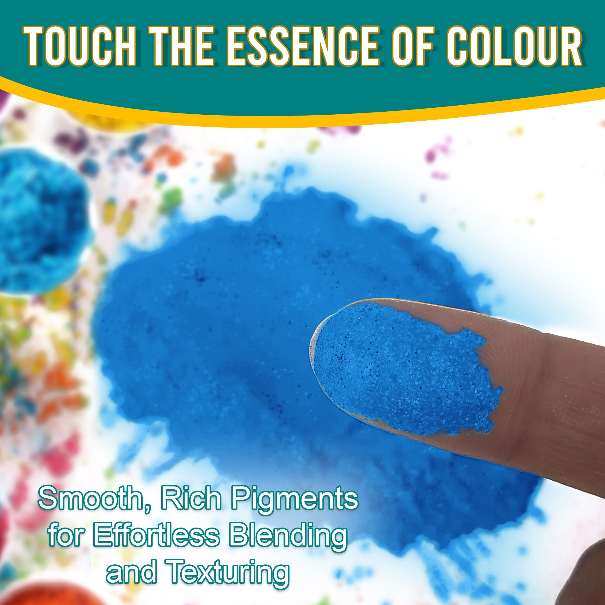 Close-up of a fingertip dipped in smooth, rich Magic Blue pigment powder against a background of colourful pigments, emphasizing effortless blending and texturing.