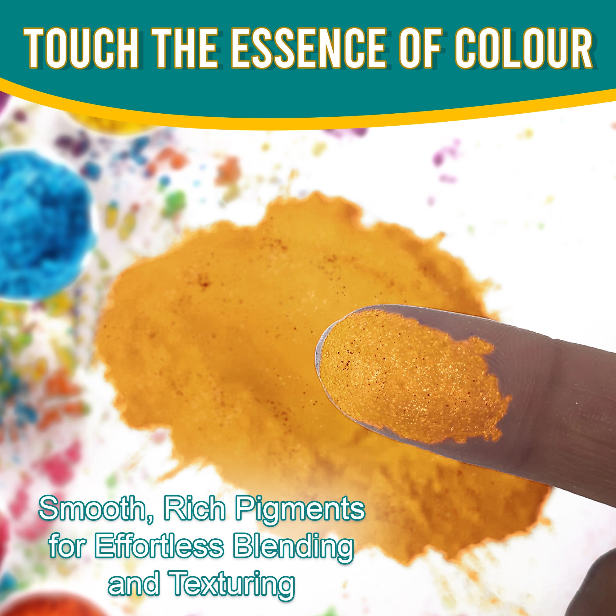 Close-up of a fingertip dipped in smooth, rich Metal Gold pigment powder against a background of colourful pigments, emphasizing effortless blending and texturing.