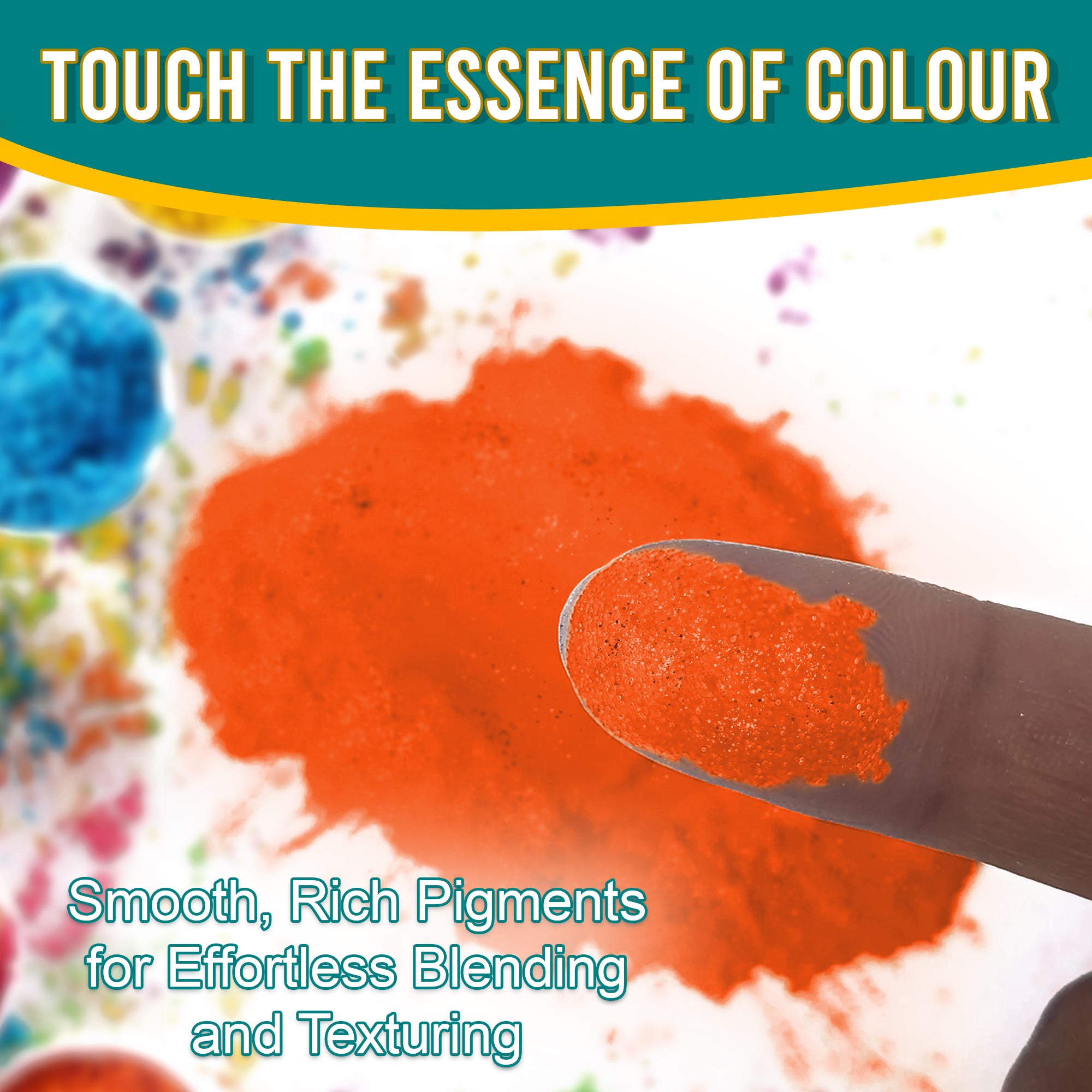 Close-up of a fingertip dipped in smooth, rich Orange pigment powder against a background of colourful pigments, emphasizing effortless blending and texturing.