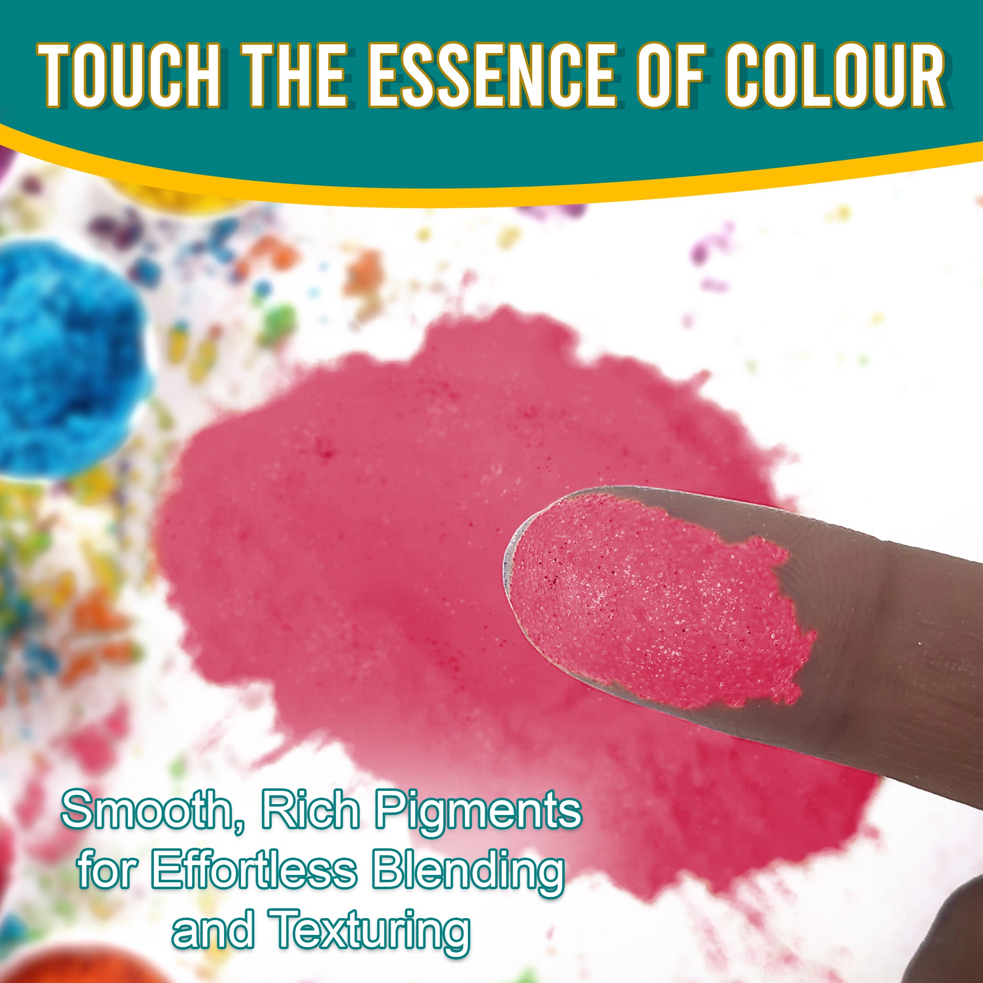 Close-up of a fingertip dipped in smooth, rich Peachblow pigment powder against a background of colourful pigments, emphasizing effortless blending and texturing.