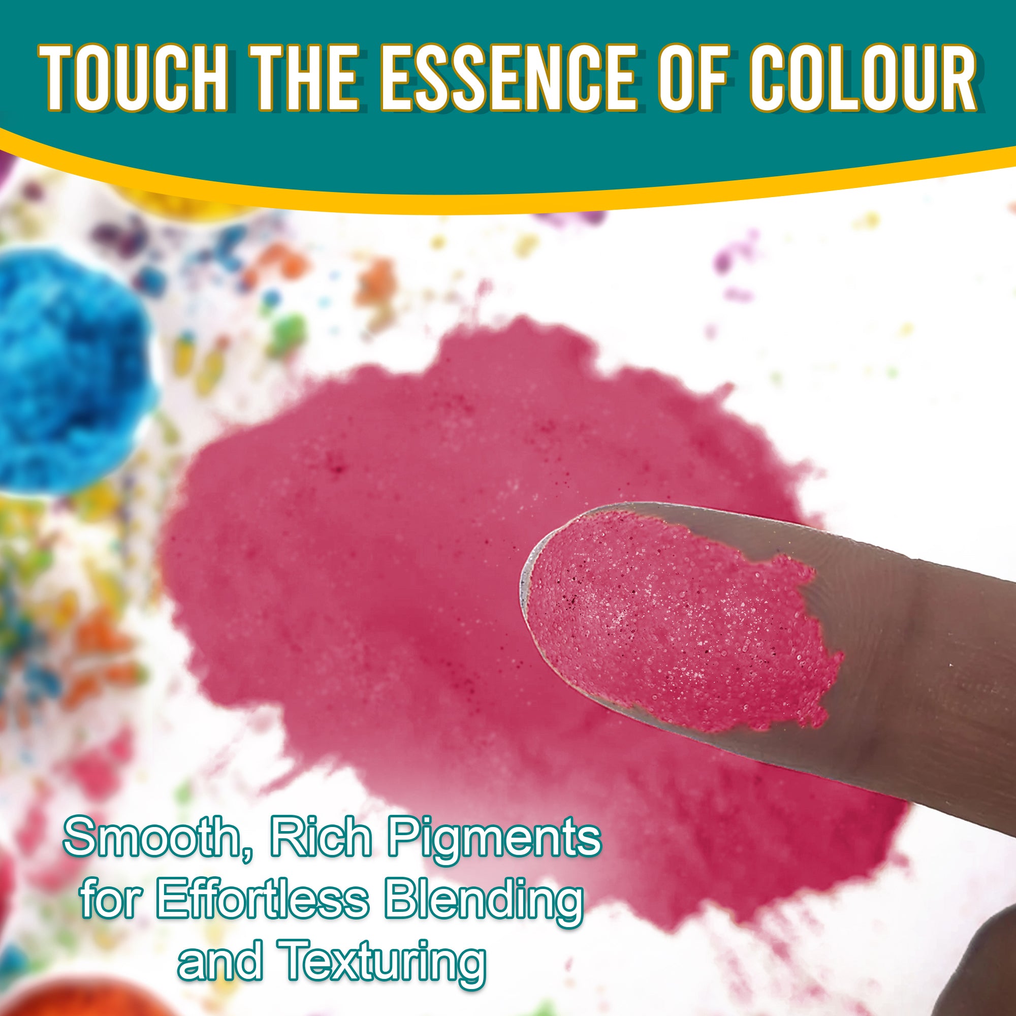 Close-up of a fingertip dipped in smooth, rich Pink Frosting pigment powder against a background of colourful pigments, emphasizing effortless blending and texturing.