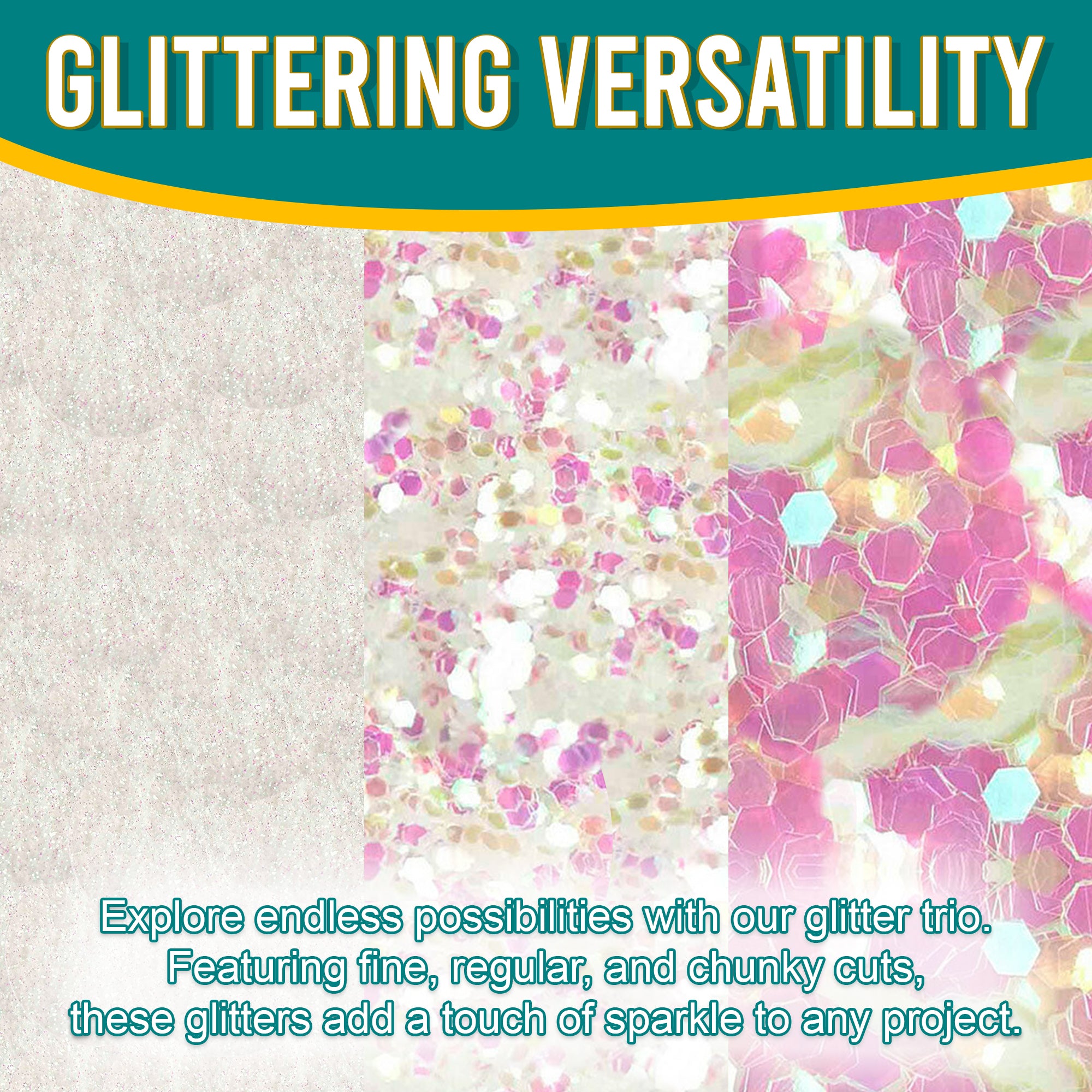 2.	Versatile Showcase - Iridescent Pink Multi Glitter Trio with Fine, Regular, and Chunky Cuts