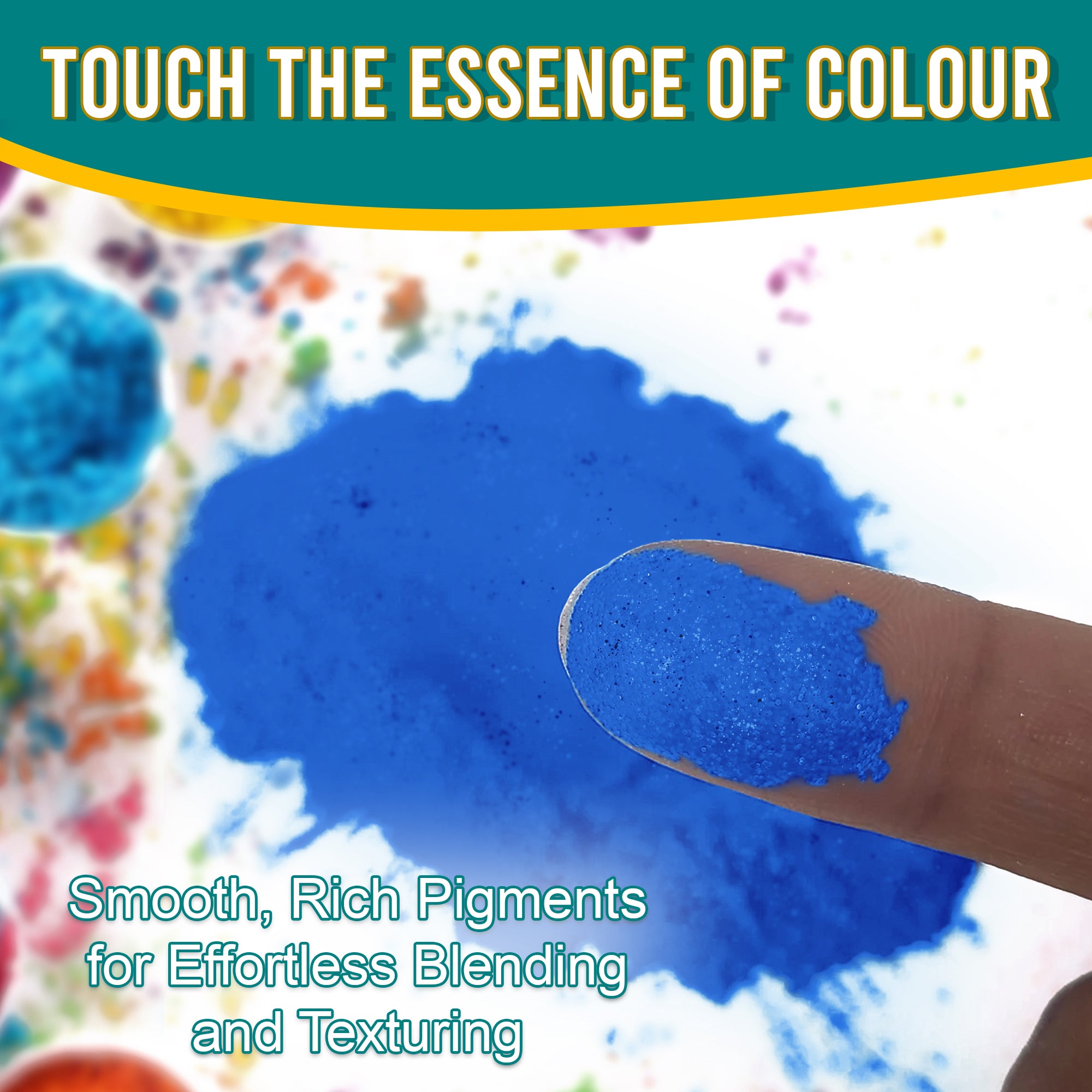 Close-up of a fingertip dipped in smooth, rich Primary Blue pigment powder against a background of colourful pigments, emphasizing effortless blending and texturing.