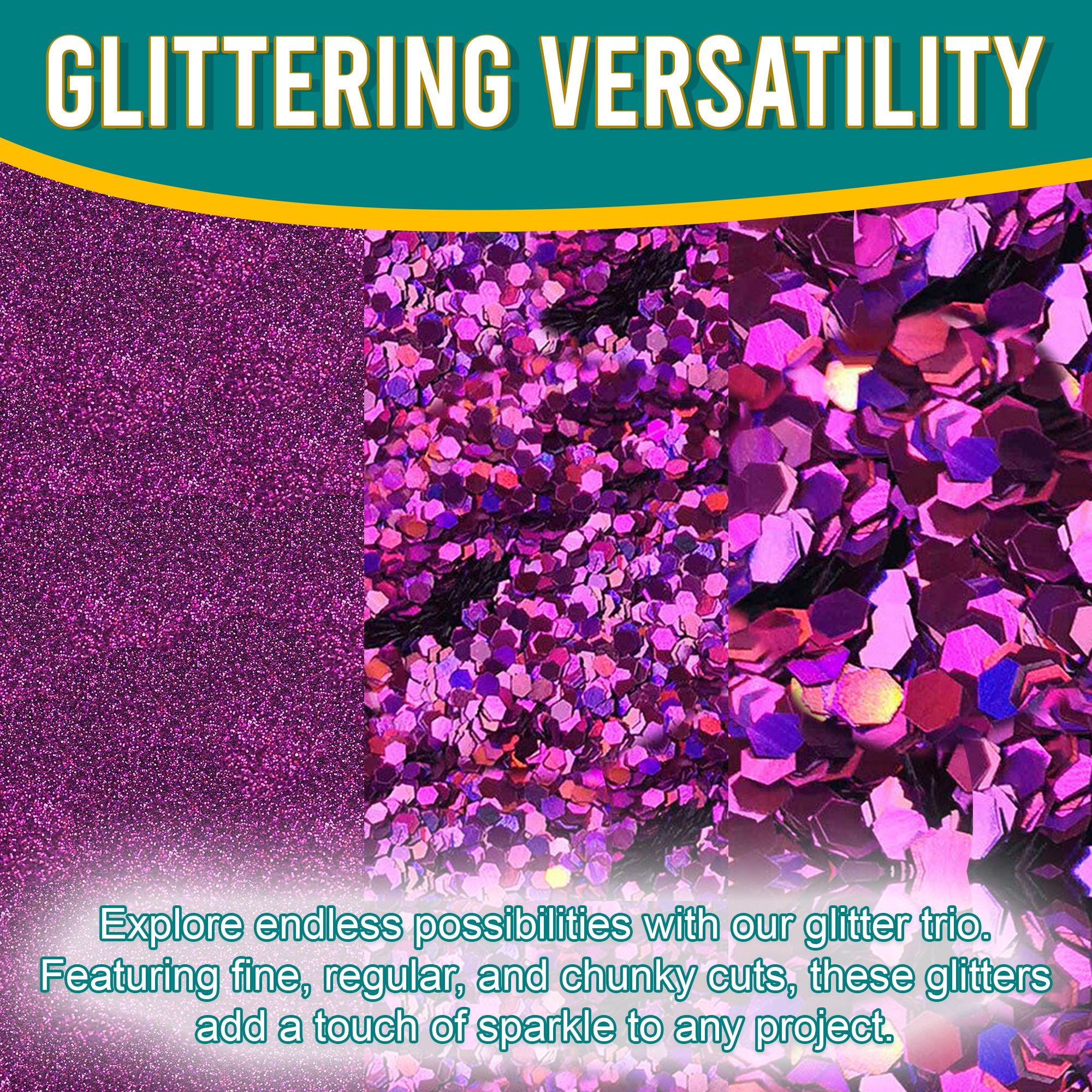 2.	Versatile Showcase - Purple Glitter Trio with Fine, Regular, and Chunky Cuts