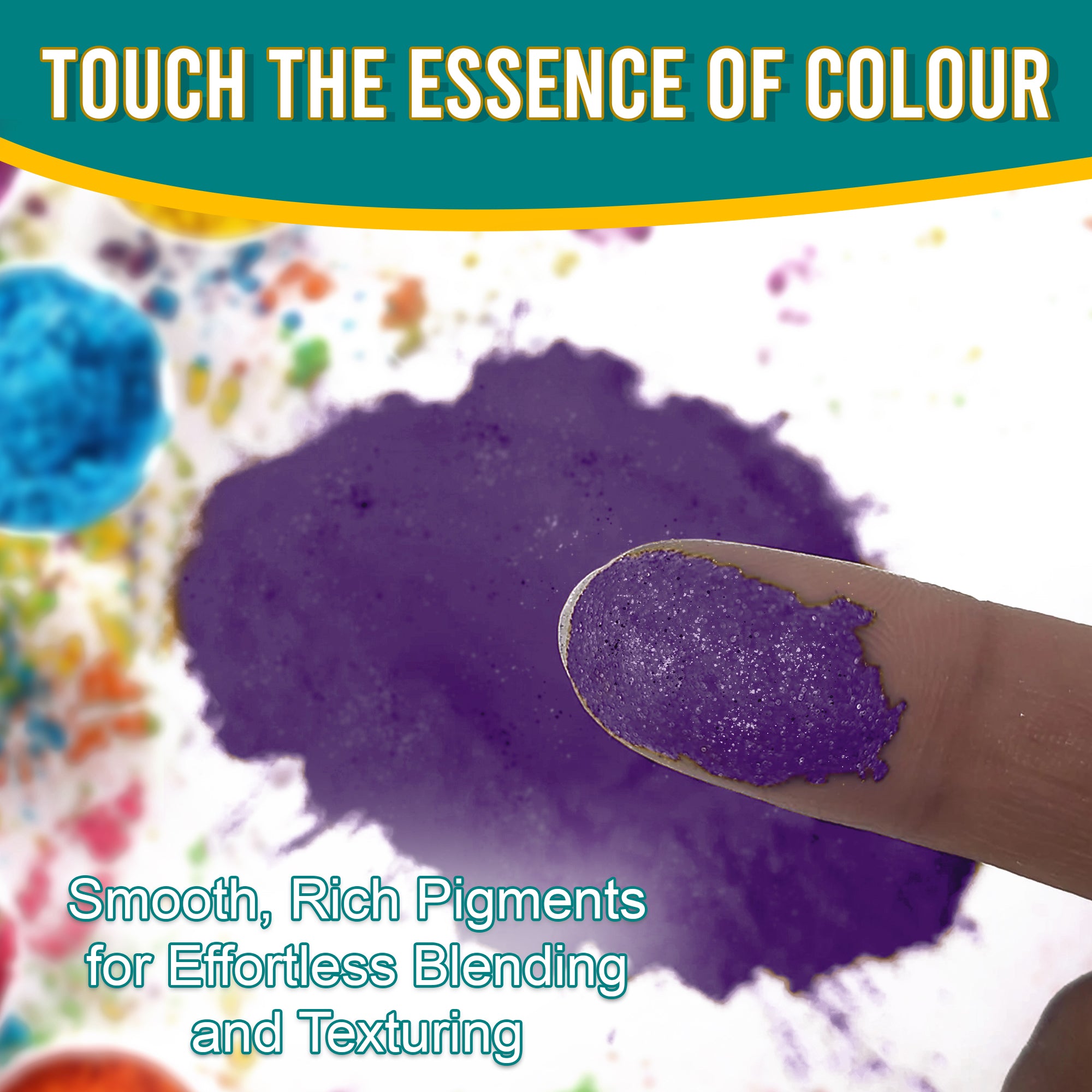 Close-up of a fingertip dipped in smooth, rich Purple Pearl pigment powder against a background of colourful pigments, emphasizing effortless blending and texturing.