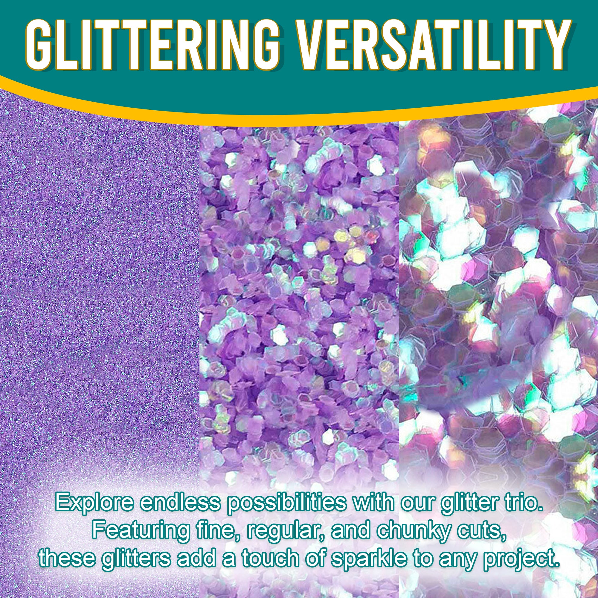 2.	Versatile Showcase - Iridescent Purple Glitter Trio with Fine, Regular, and Chunky Cuts