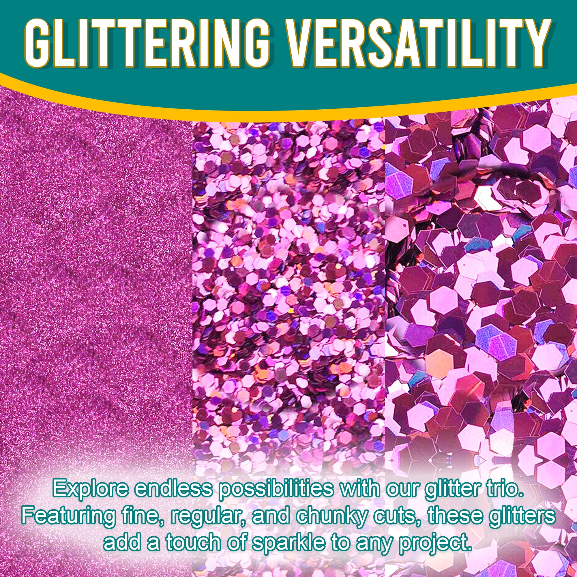 2.	Versatile Showcase - Radiant Orchid Glitter Trio with Fine, Regular, and Chunky Cuts