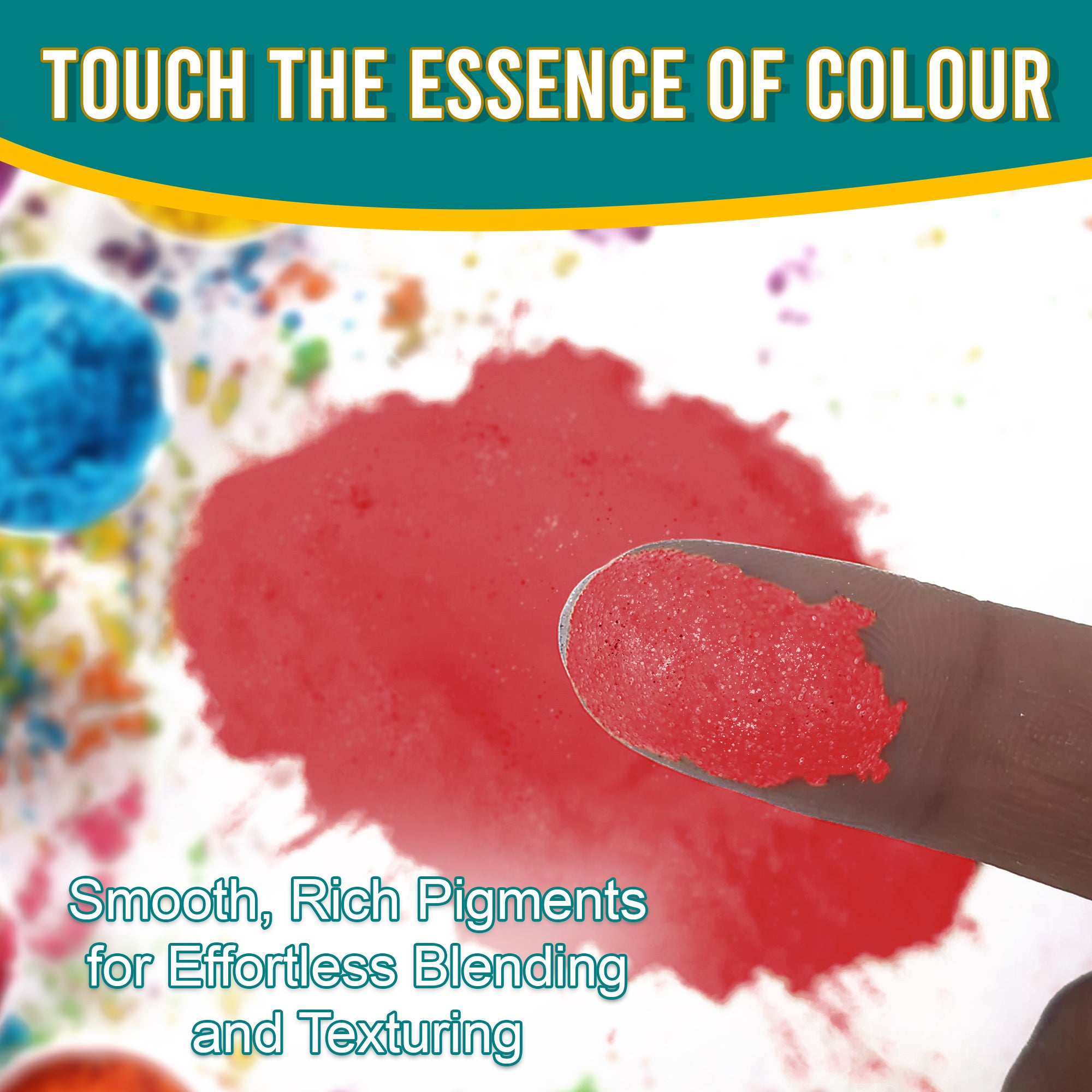 Close-up of a fingertip dipped in smooth, rich Red pigment powder against a background of colourful pigments, emphasizing effortless blending and texturing.