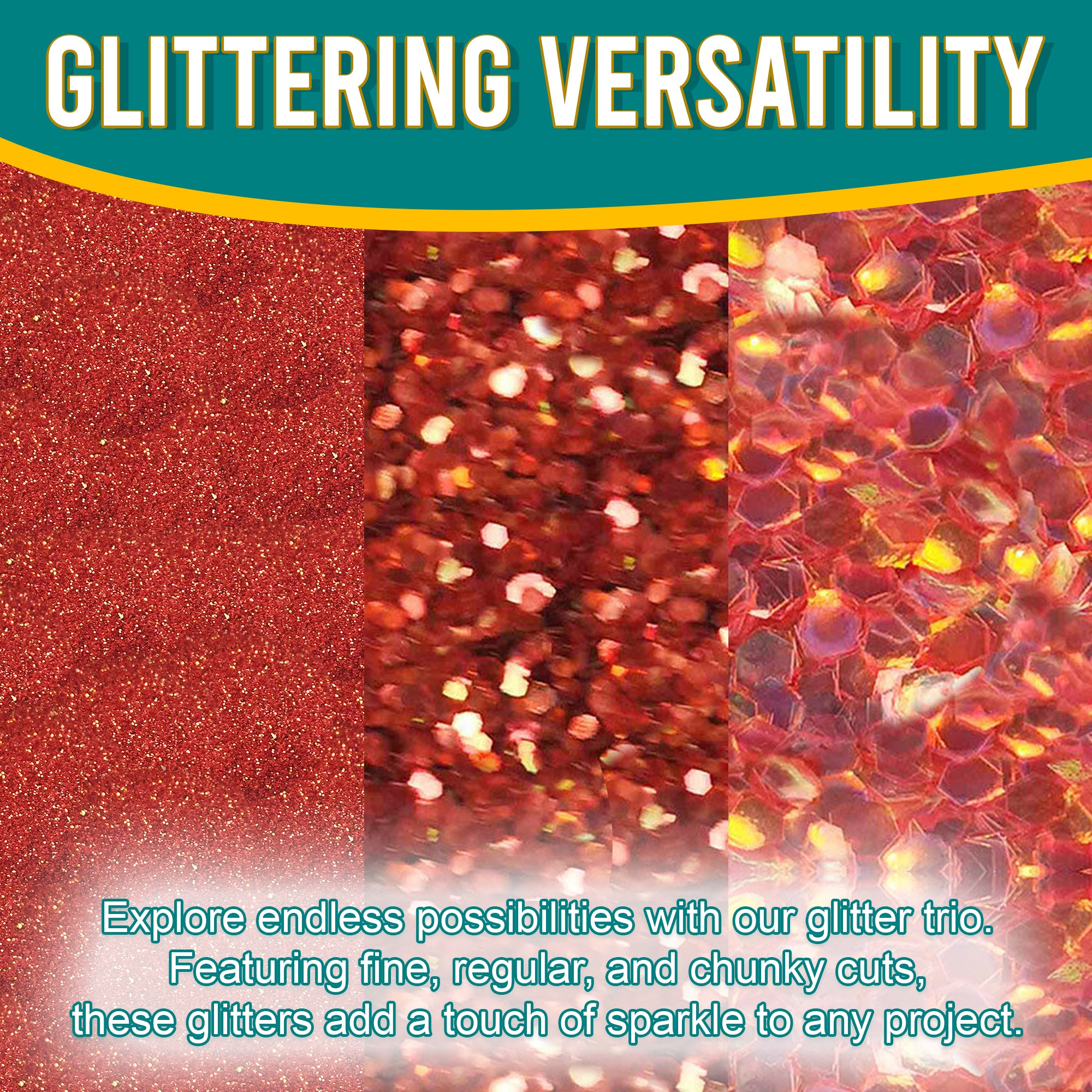 2.	Versatile Showcase - Iridescent Red Gold Glitter Trio with Fine, Regular, and Chunky Cuts