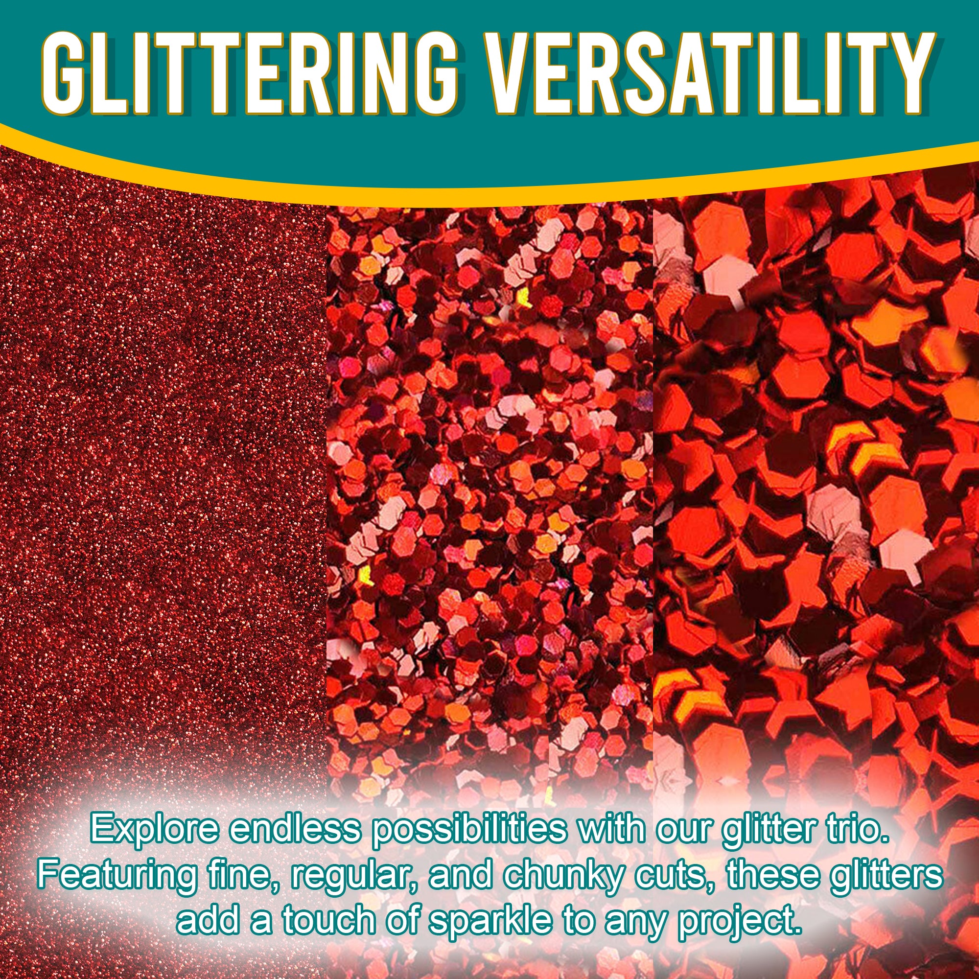 2.	Versatile Showcase - Red Glitter Trio with Fine, Regular, and Chunky Cuts