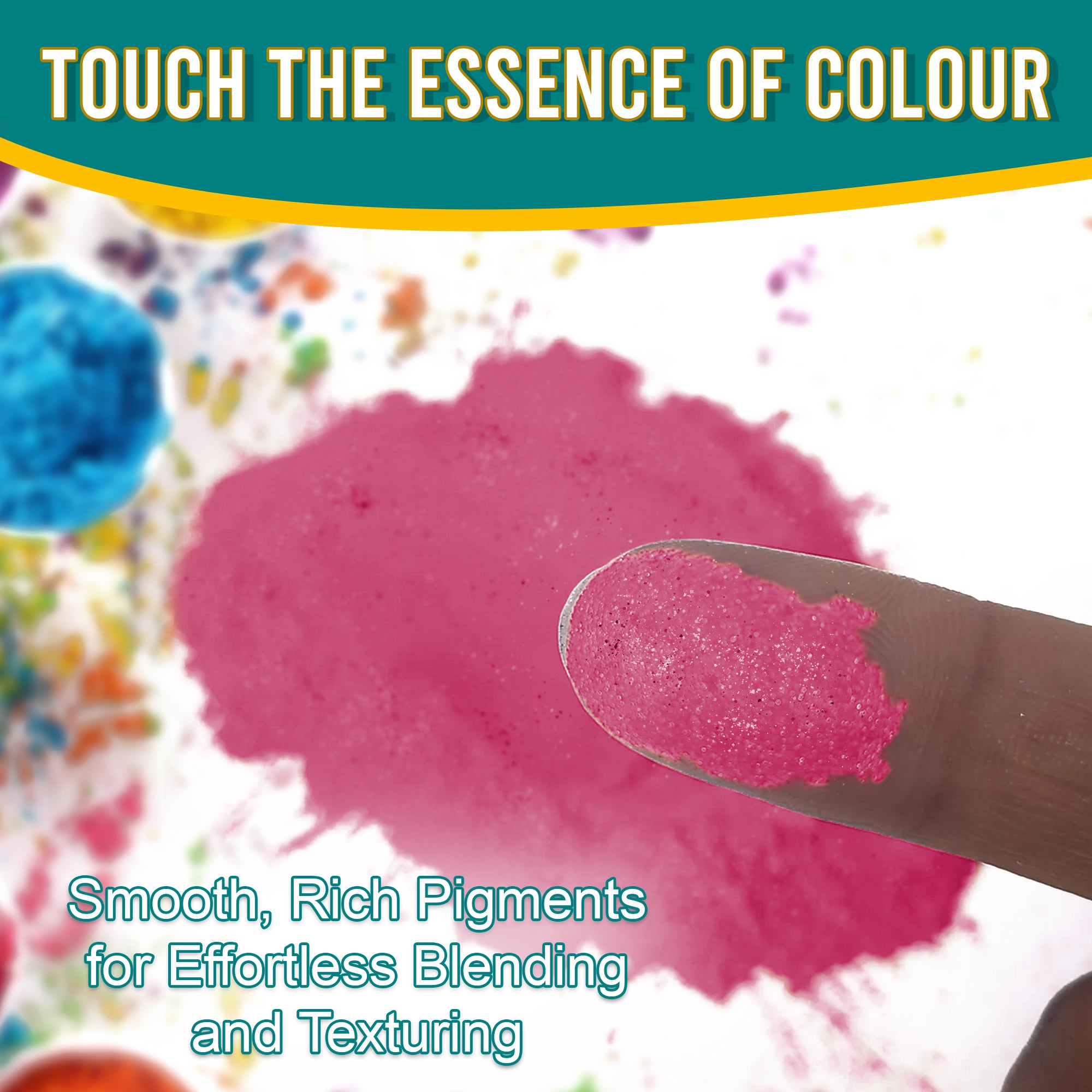 Close-up of a fingertip dipped in smooth, rich Rose pigment powder against a background of colourful pigments, emphasizing effortless blending and texturing.