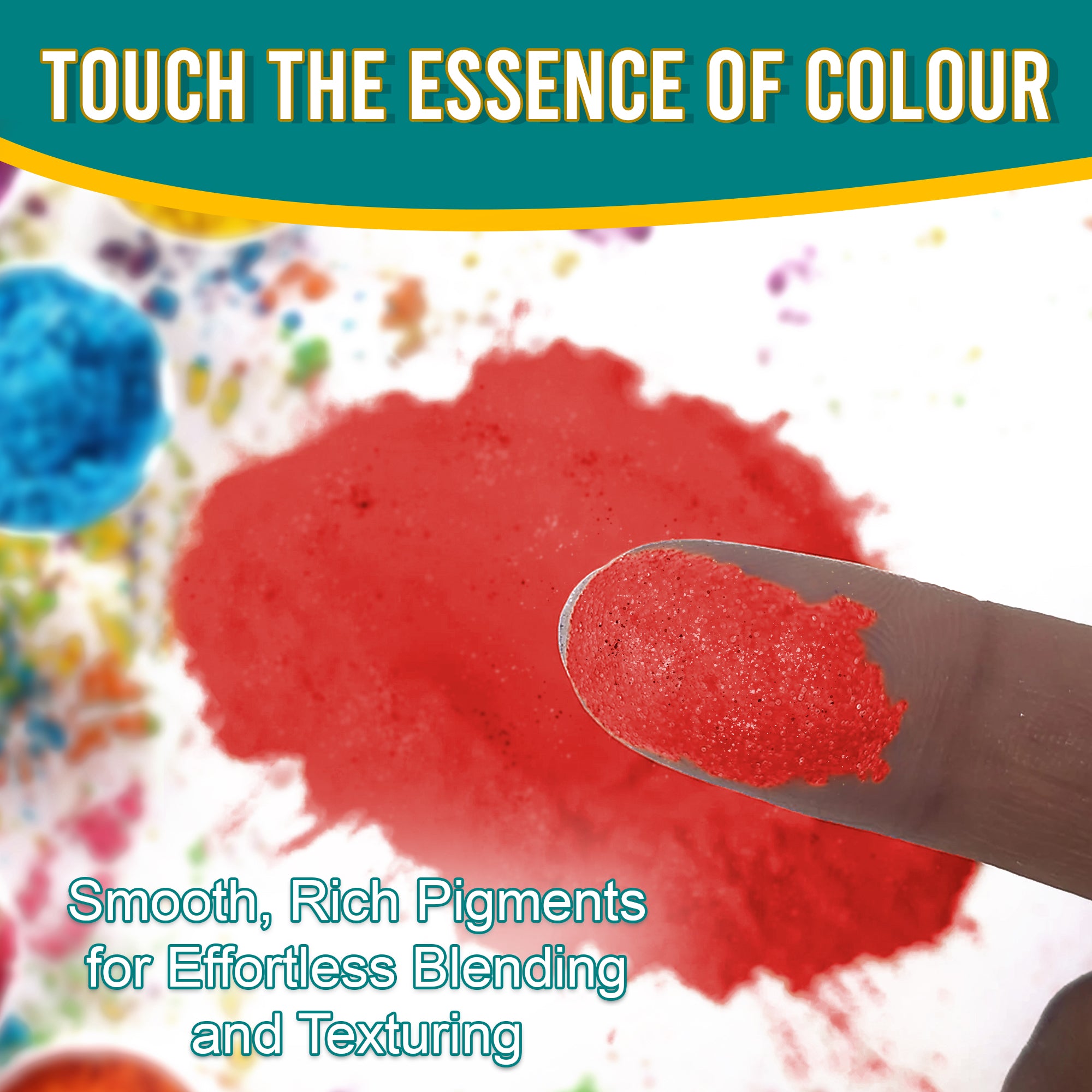 Close-up of a fingertip dipped in smooth, rich Rouge pigment powder against a background of colourful pigments, emphasizing effortless blending and texturing.