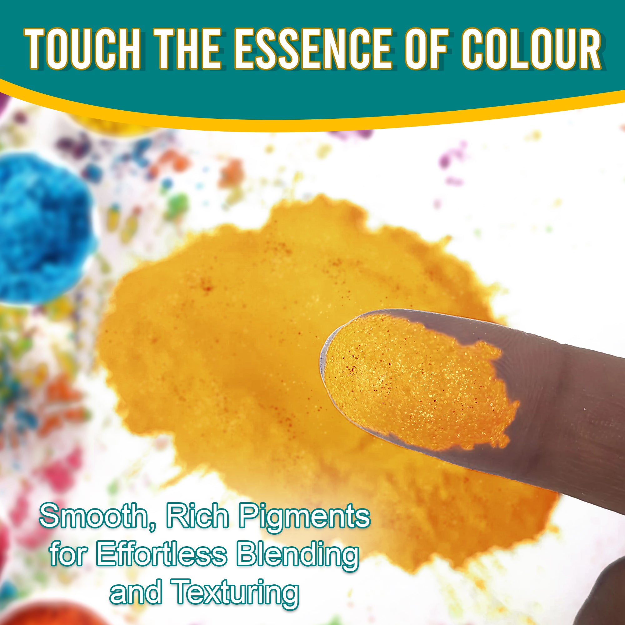 Close-up of a fingertip dipped in smooth, rich Royal Gold pigment powder against a background of colourful pigments, emphasizing effortless blending and texturing.