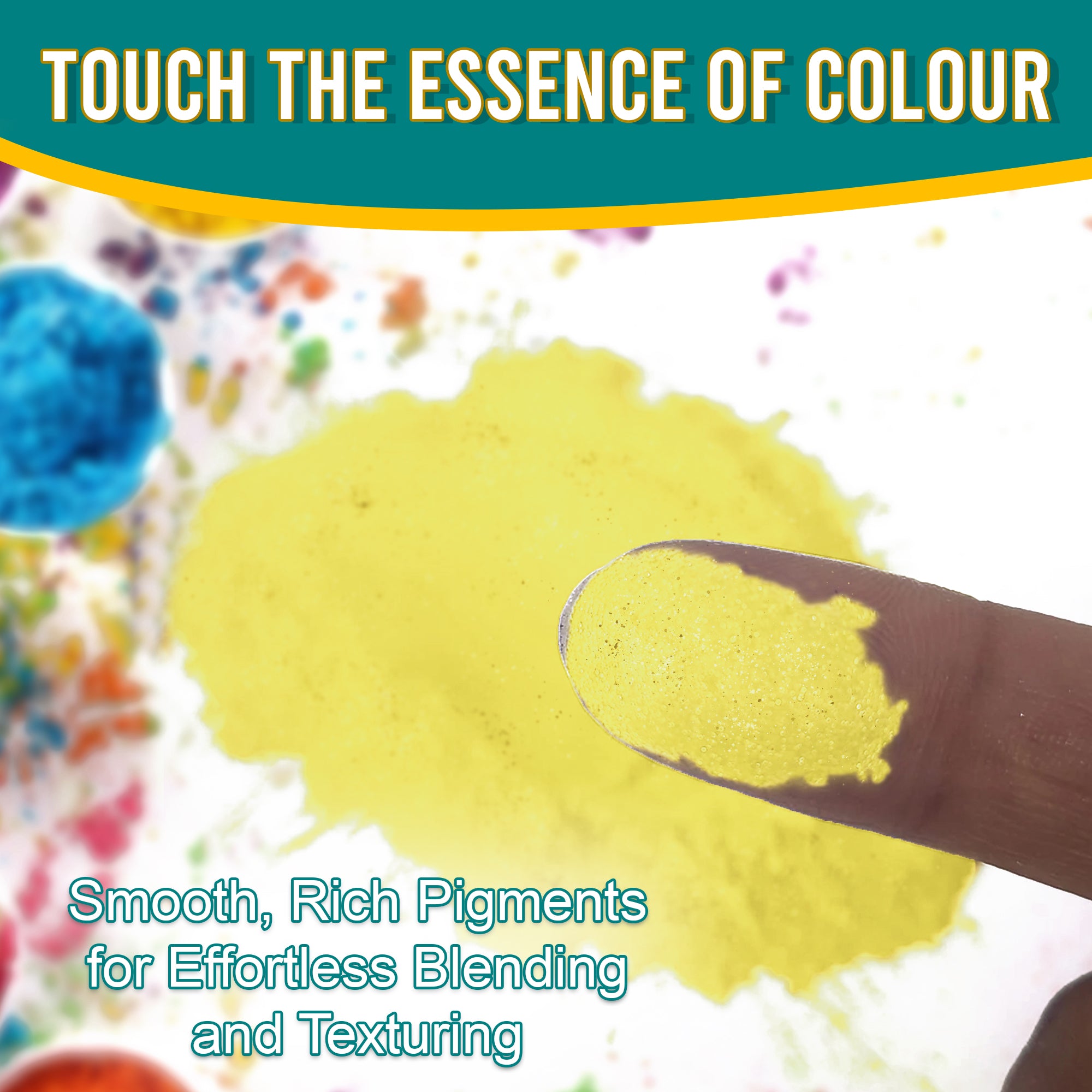 Close-up of a fingertip dipped in smooth, rich Shimmer Yellow pigment powder against a background of colourful pigments, emphasizing effortless blending and texturing.