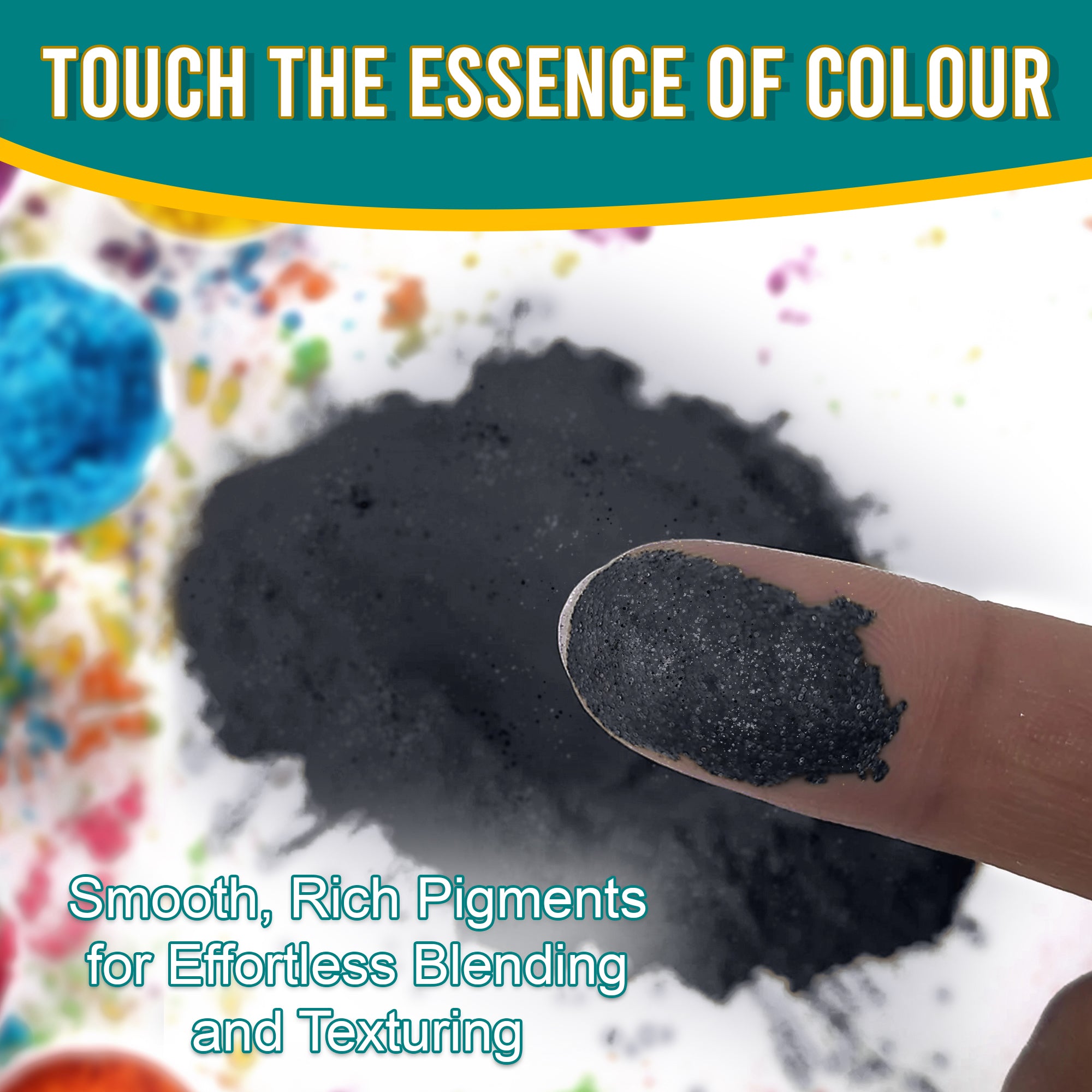 Close-up of a fingertip dipped in smooth, rich Silver Black pigment powder against a background of colourful pigments, emphasizing effortless blending and texturing.