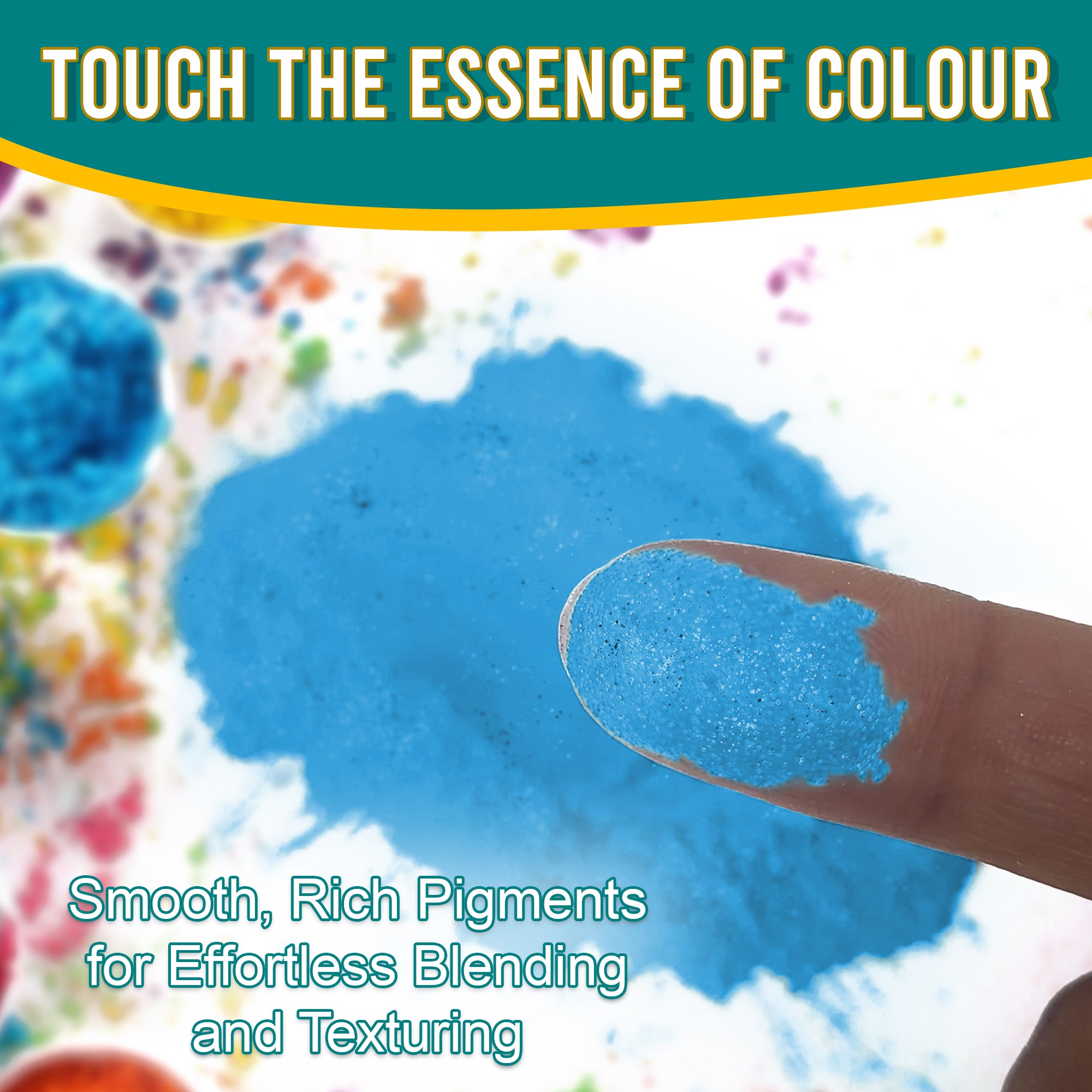 Close-up of a fingertip dipped in smooth, rich Sky Blue pigment powder against a background of colourful pigments, emphasizing effortless blending and texturing.