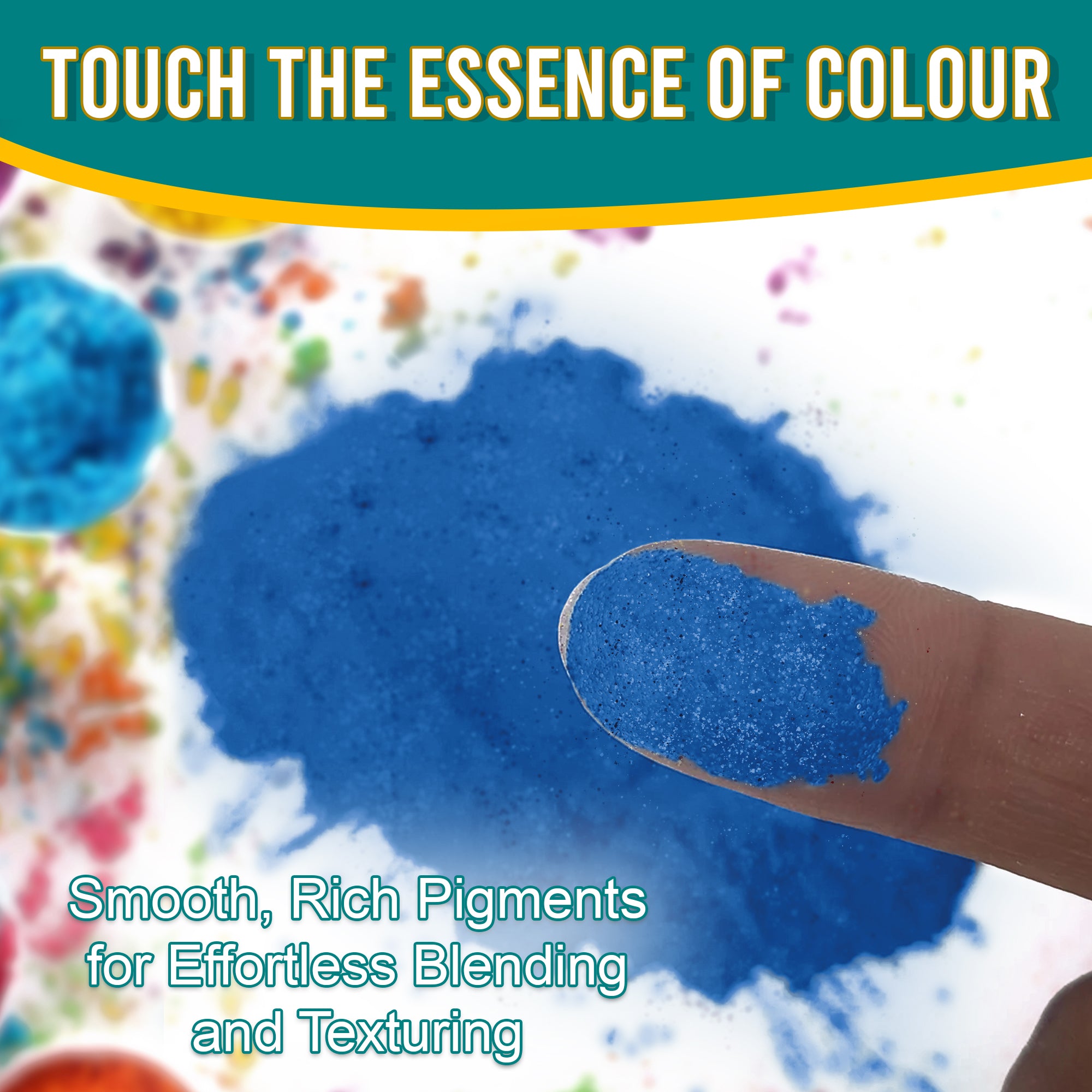 Close-up of a fingertip dipped in smooth, rich Sparkle Blue pigment powder against a background of colourful pigments, emphasizing effortless blending and texturing.