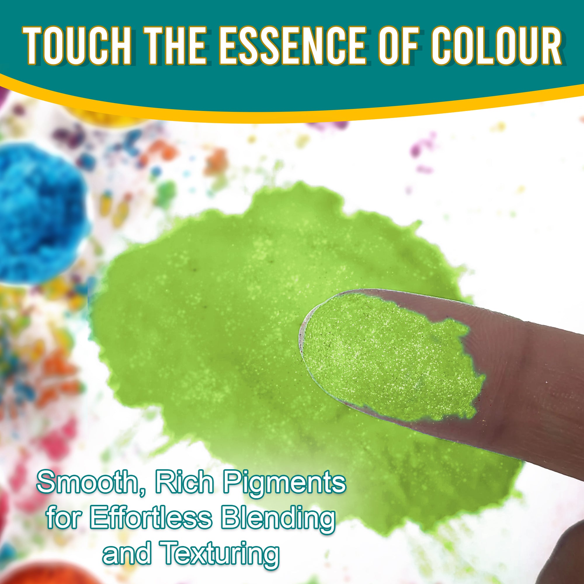 Close-up of a fingertip dipped in smooth, rich Spring Green pigment powder against a background of colourful pigments, emphasizing effortless blending and texturing.