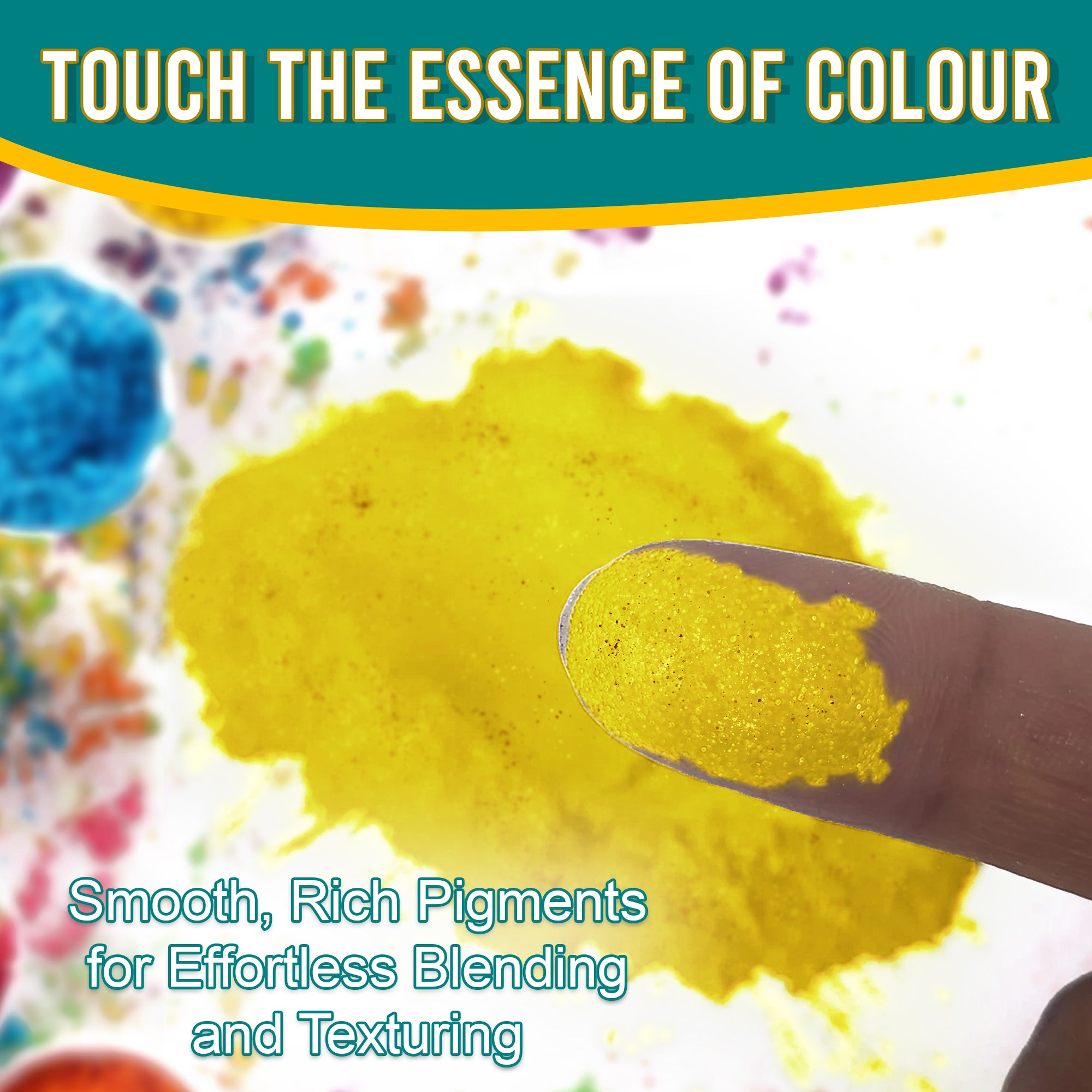 Close-up of a fingertip dipped in smooth, rich Sunflower Yellow pigment powder against a background of colourful pigments, emphasizing effortless blending and texturing.