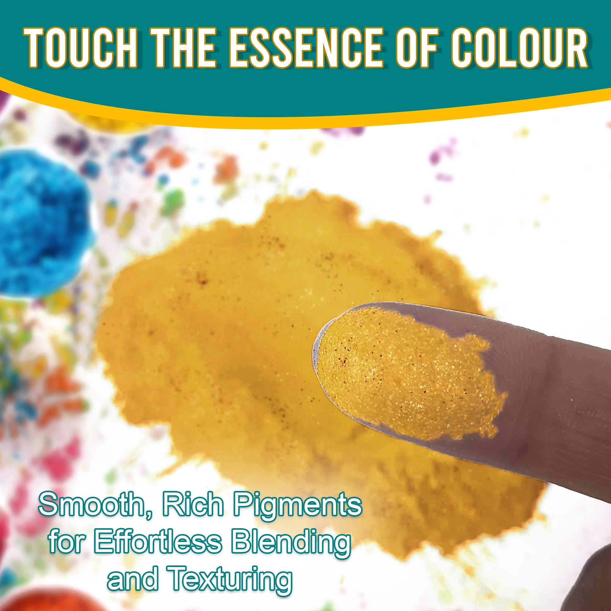 Close-up of a fingertip dipped in smooth, rich Sunny Gold pigment powder against a background of colourful pigments, emphasizing effortless blending and texturing.