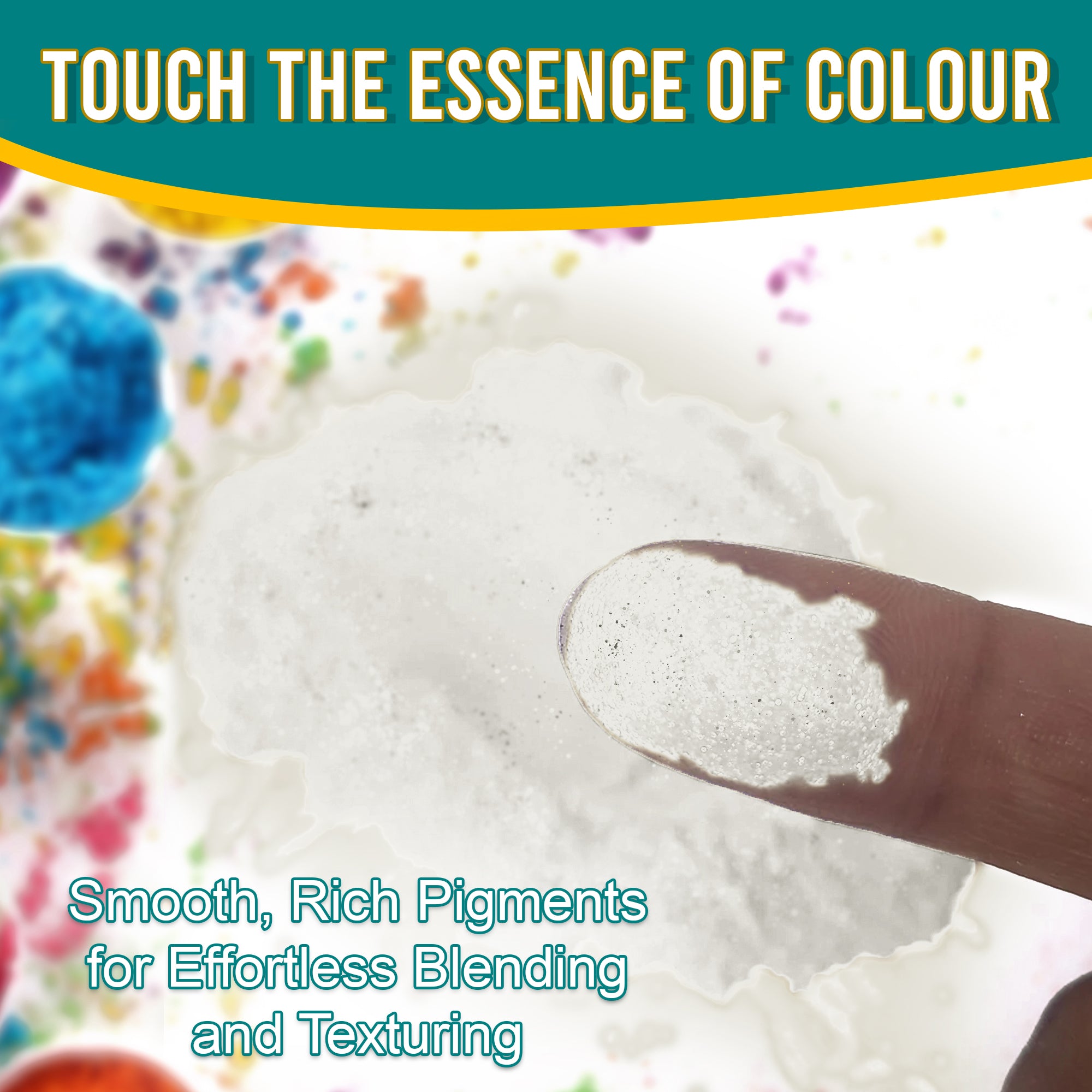 Close-up of a fingertip dipped in smooth, rich Super Bright White pigment powder against a background of colourful pigments, emphasizing effortless blending and texturing.