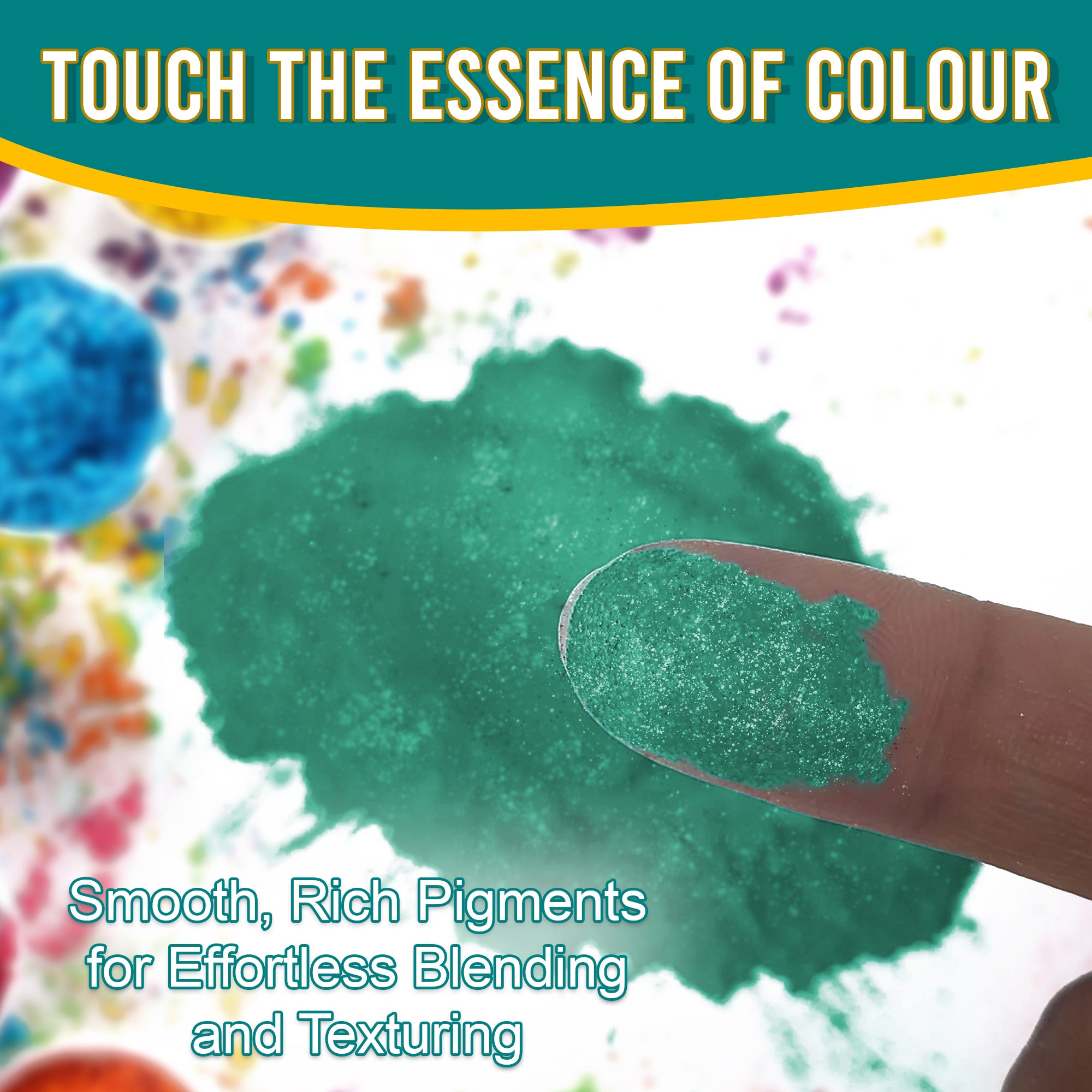 Close-up of a fingertip dipped in smooth, rich Teal pigment powder against a background of colourful pigments, emphasizing effortless blending and texturing.