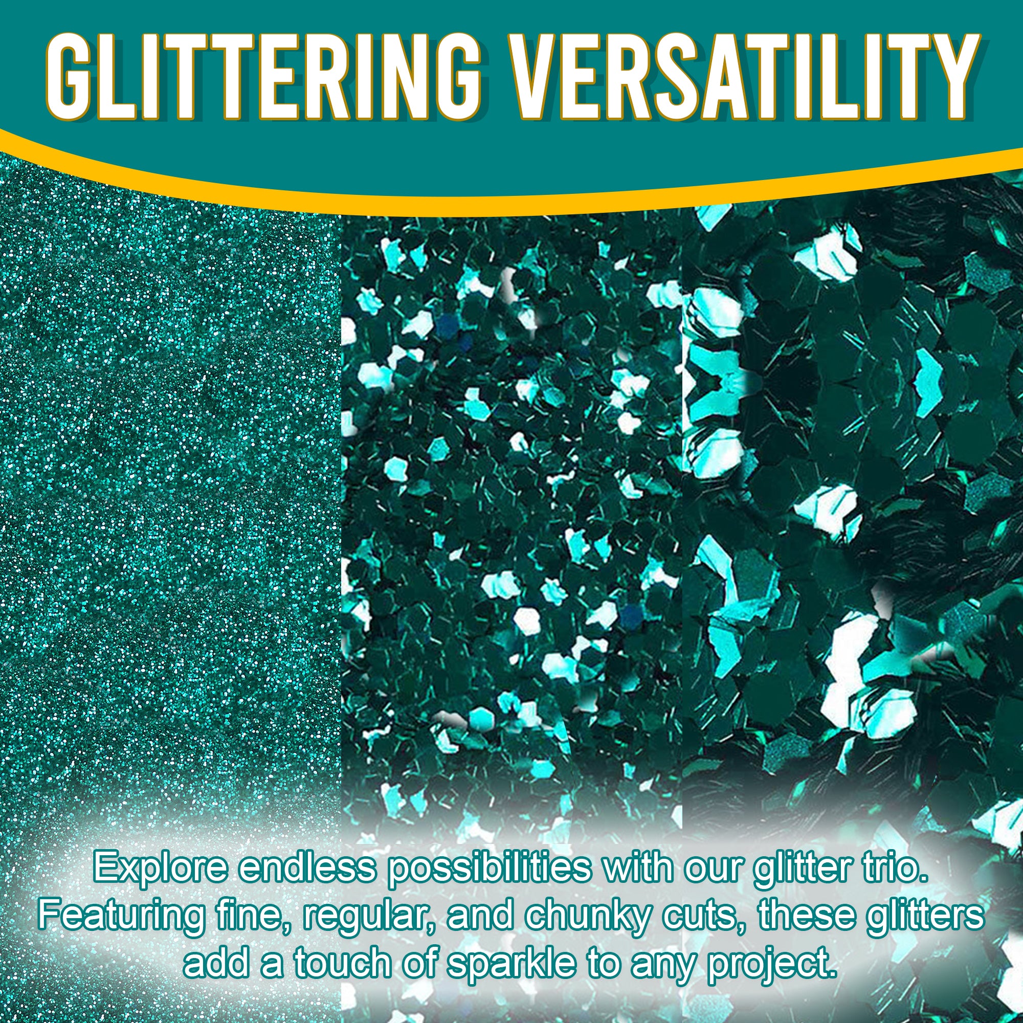 2.	Close-up of Metallic Teal Glitter Trio by Pretty Things London - Fine, Regular, Chunky