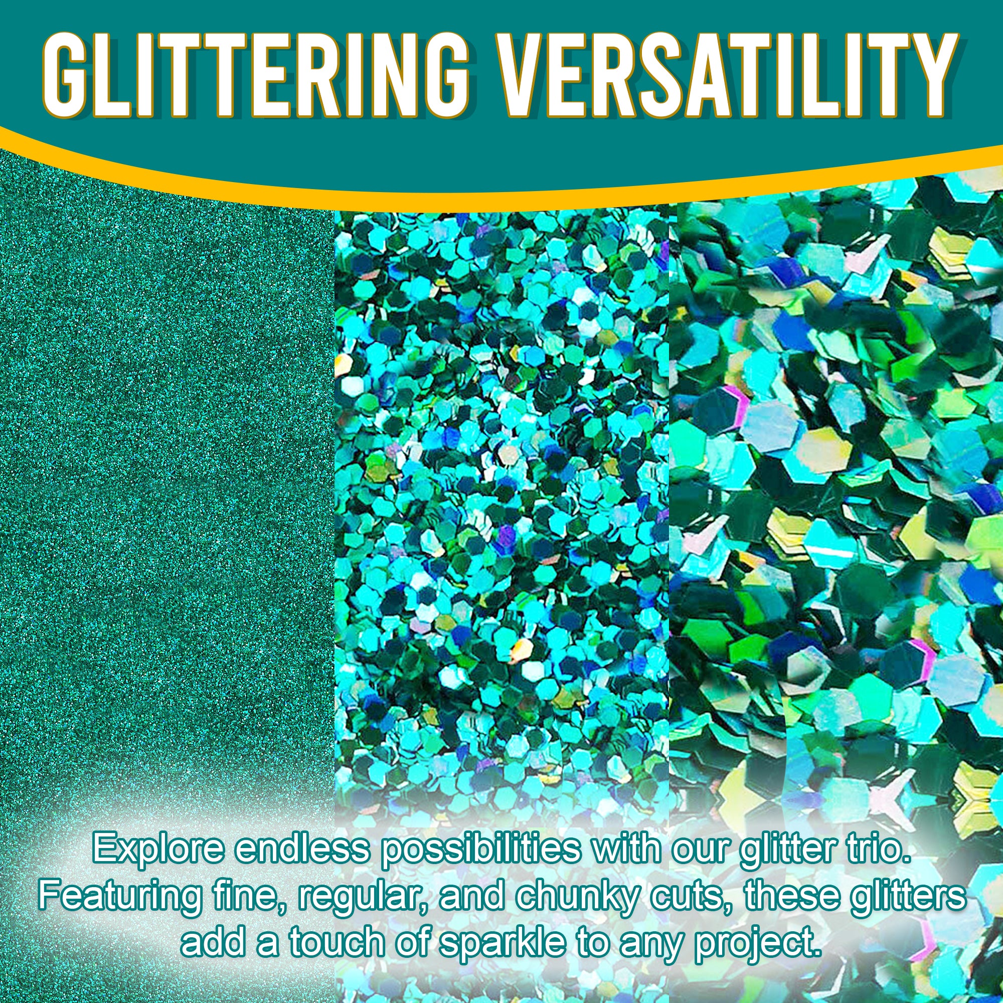 2.	Versatile Showcase - Turquoise Glitter Trio with Fine, Regular, and Chunky Cuts