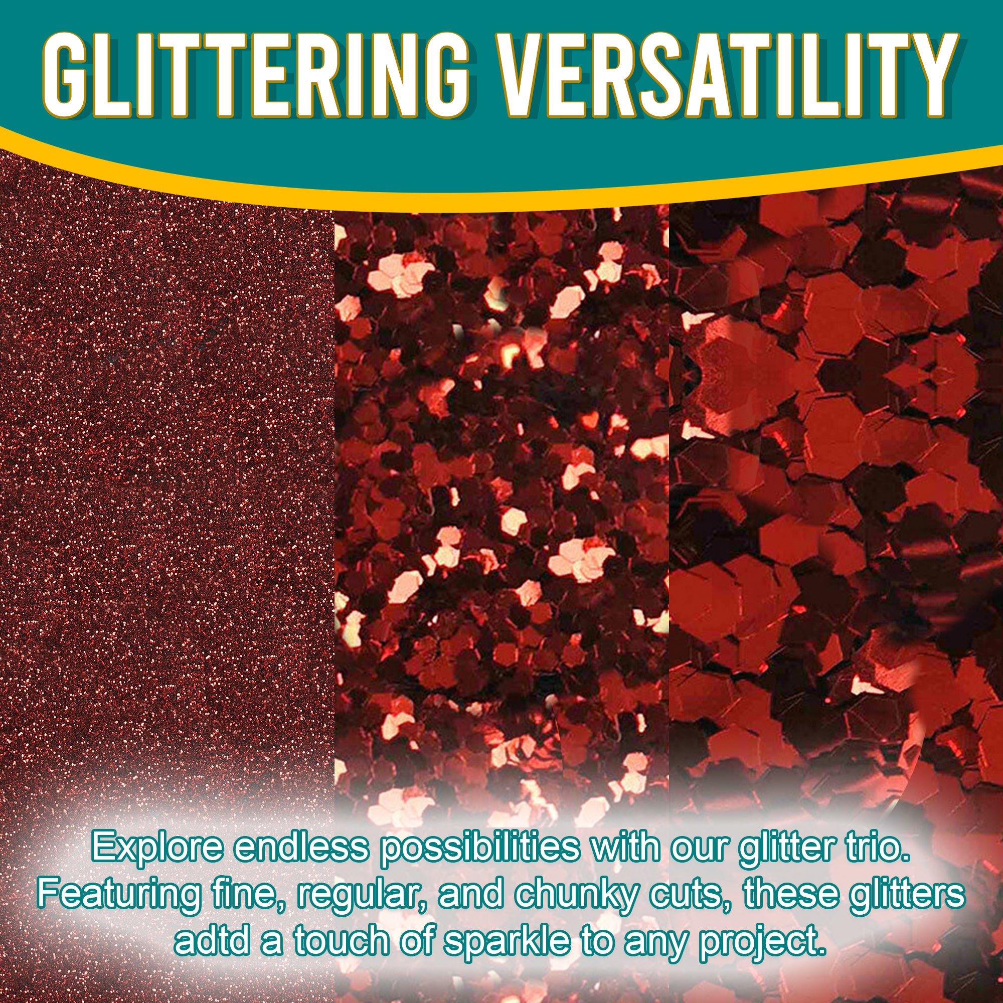 2.	Close-up of Metallic Vermillion Red Glitter Trio by Pretty Things London - Fine, Regular, Chunky