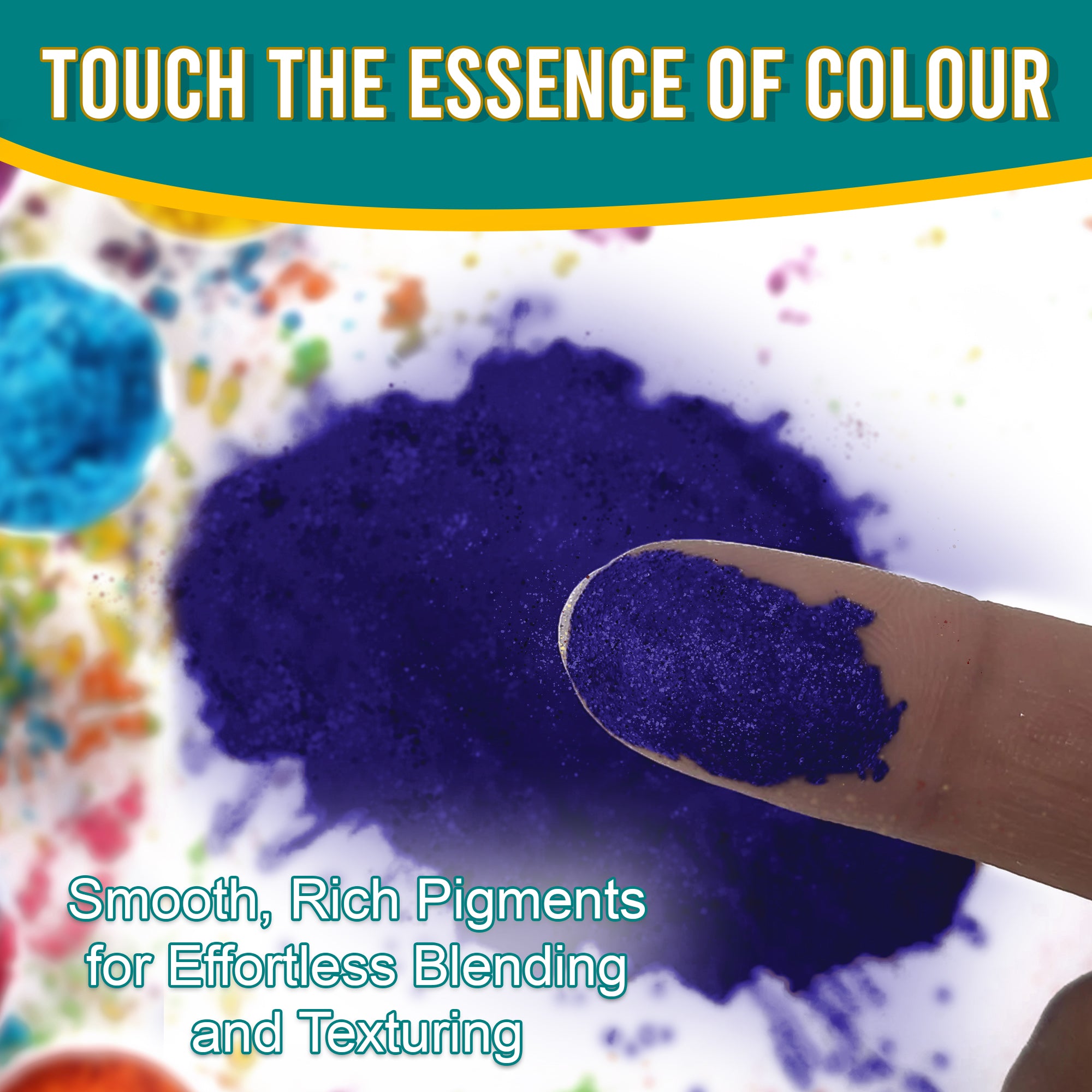 Close-up of a fingertip dipped in smooth, rich Vinlaceous pigment powder against a background of colourful pigments, emphasizing effortless blending and texturing.