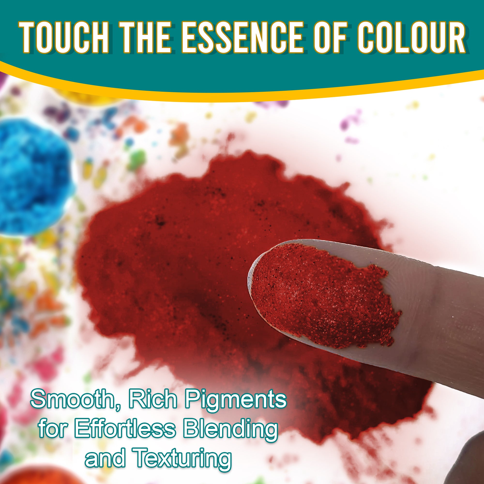 Close-up of a fingertip dipped in smooth, rich Wine Red Satin pigment powder against a background of colourful pigments, emphasizing effortless blending and texturing.