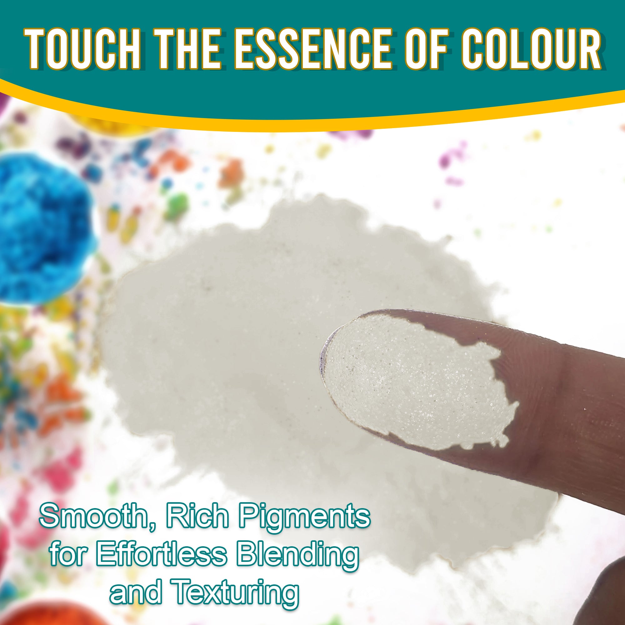 Close-up of a fingertip dipped in smooth, rich Xtreme Flash Silver pigment powder against a background of colourful pigments, emphasizing effortless blending and texturing.