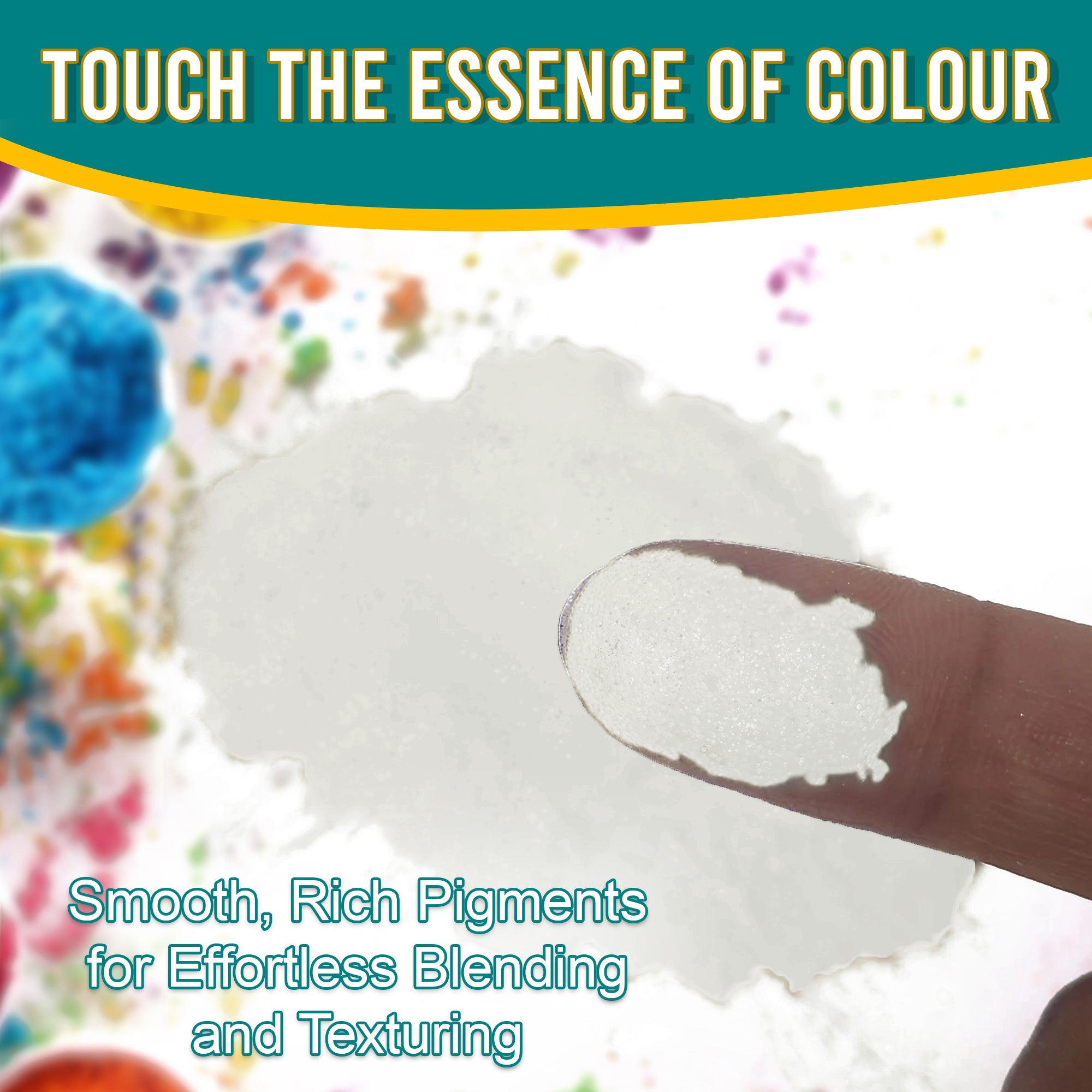 Close-up of a fingertip dipped in smooth, rich Xtreme Glossy White pigment powder against a background of colourful pigments, emphasizing effortless blending and texturing.