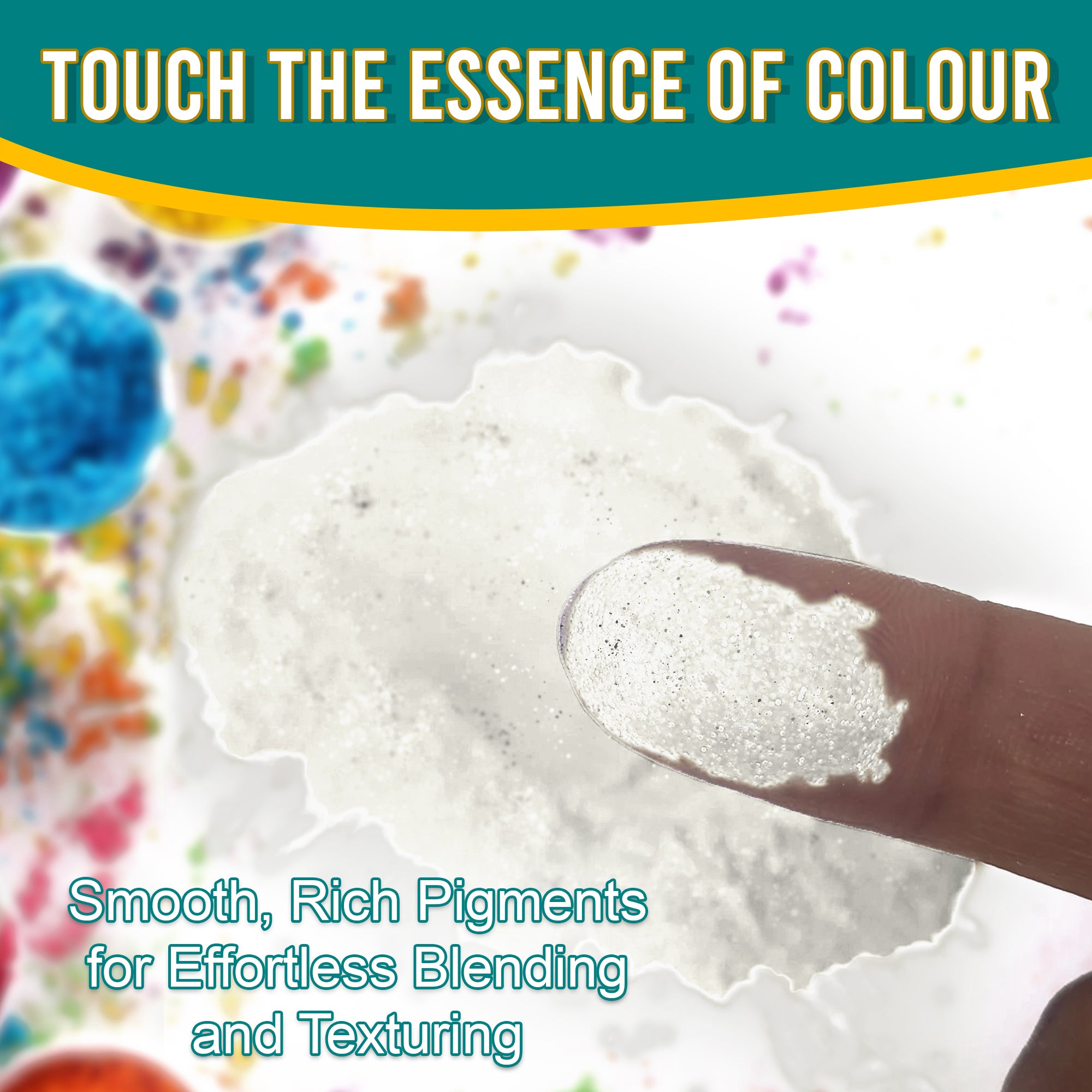 Close-up of a fingertip dipped in smooth, rich Xtreme Luster White pigment powder against a background of colourful pigments, emphasizing effortless blending and texturing.