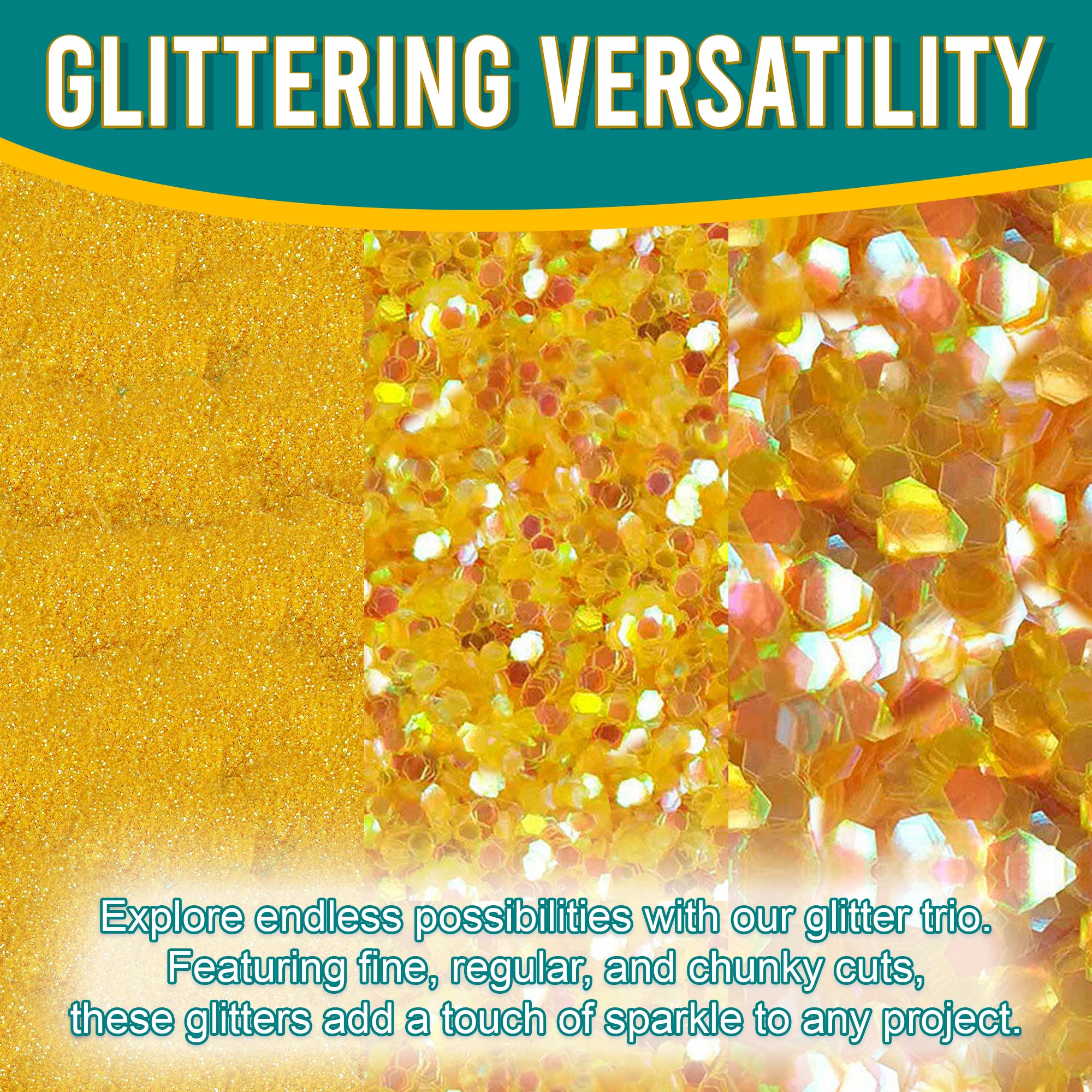 2.	Versatile Showcase - Iridescent Yellow Glitter Trio with Fine, Regular, and Chunky Cuts