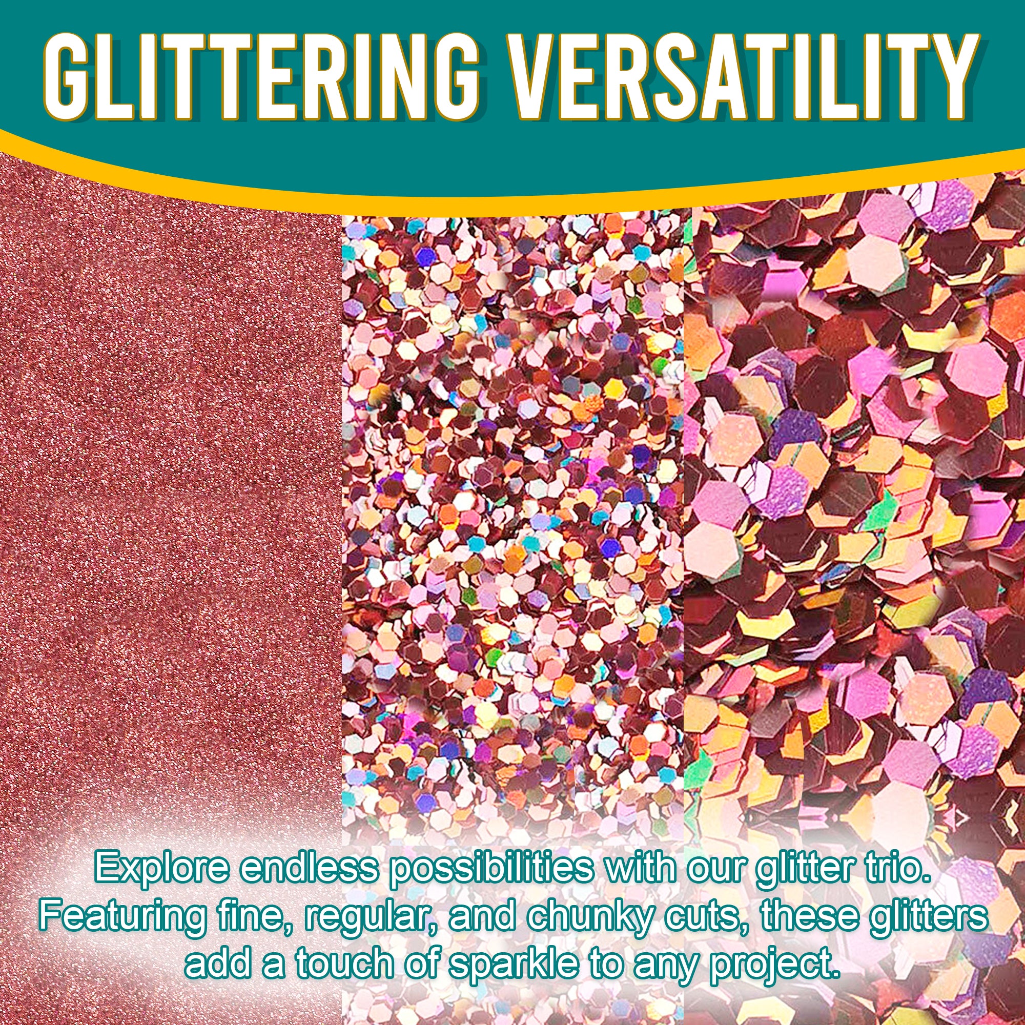 2.	Versatile Showcase - Zephry Pink Glitter Trio with Fine, Regular, and Chunky Cuts