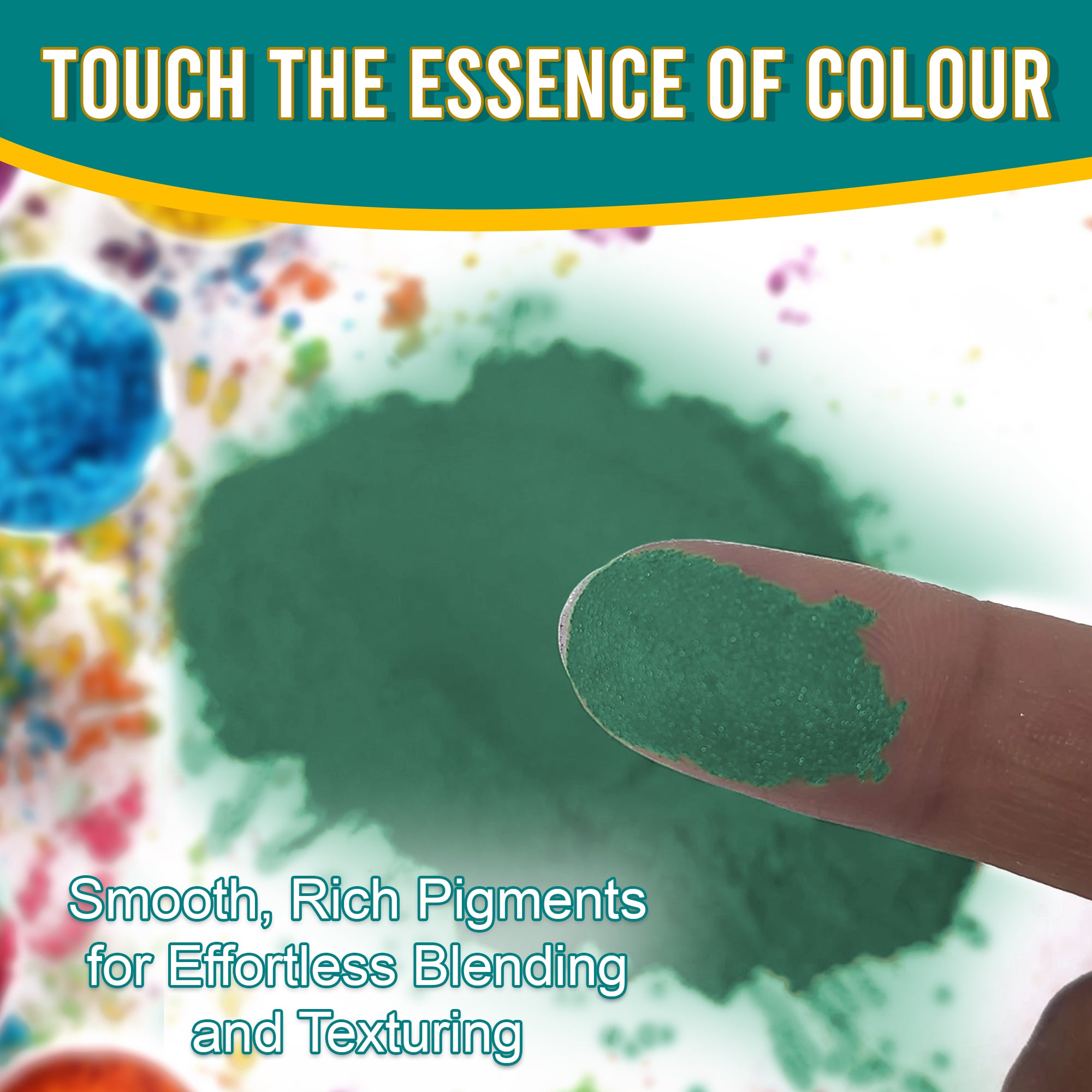 Close-up of a fingertip dipped in smooth, rich Blackish Green pigment powder against a background of colourful pigments, emphasizing effortless blending and texturing.