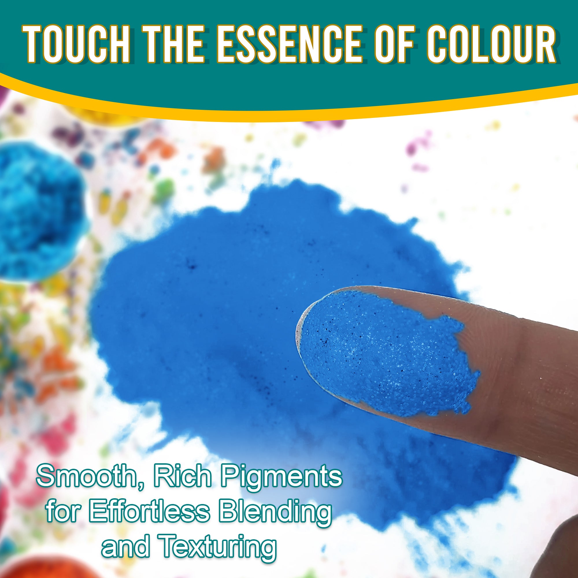 Close-up of a fingertip dipped in smooth, rich Blue Lagoon pigment powder against a background of colourful pigments, emphasizing effortless blending and texturing.