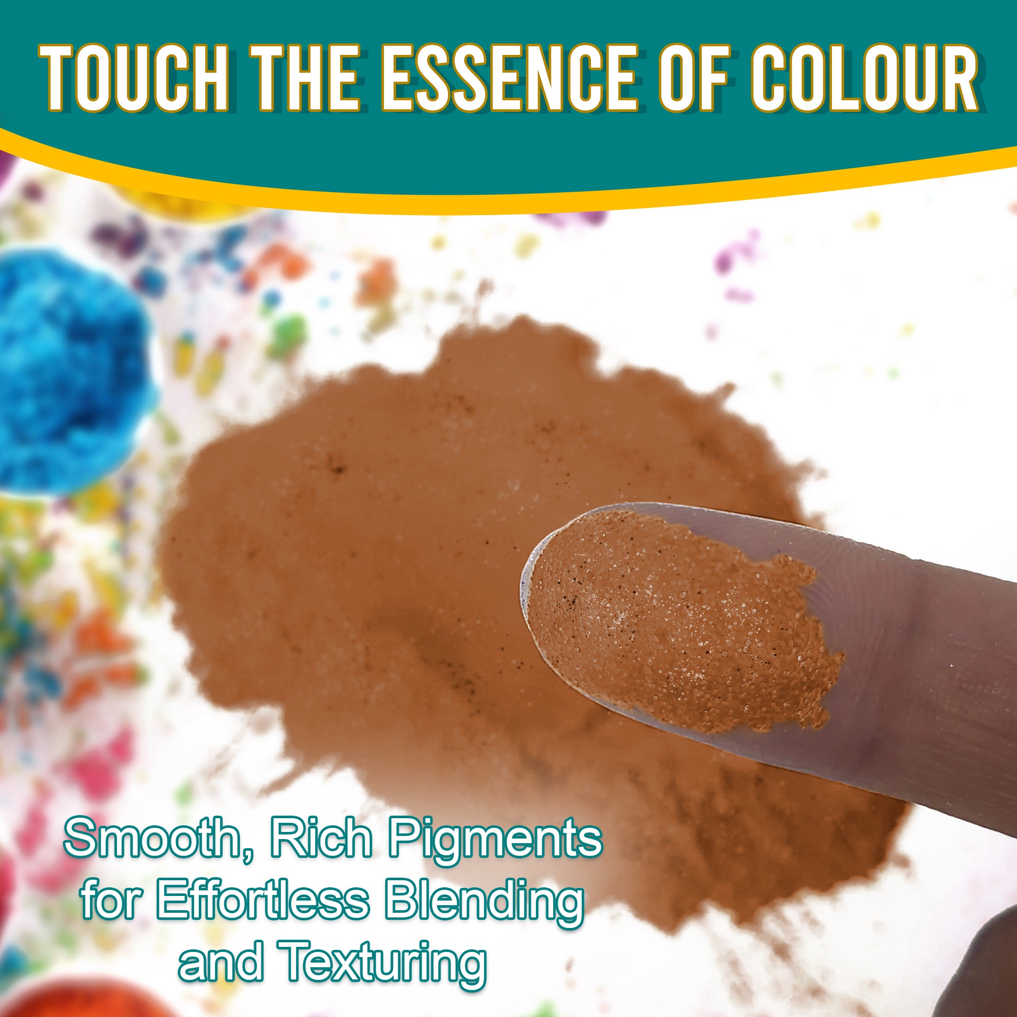 Close-up of a fingertip dipped in smooth, rich Bronze pigment powder against a background of colourful pigments, emphasizing effortless blending and texturing.