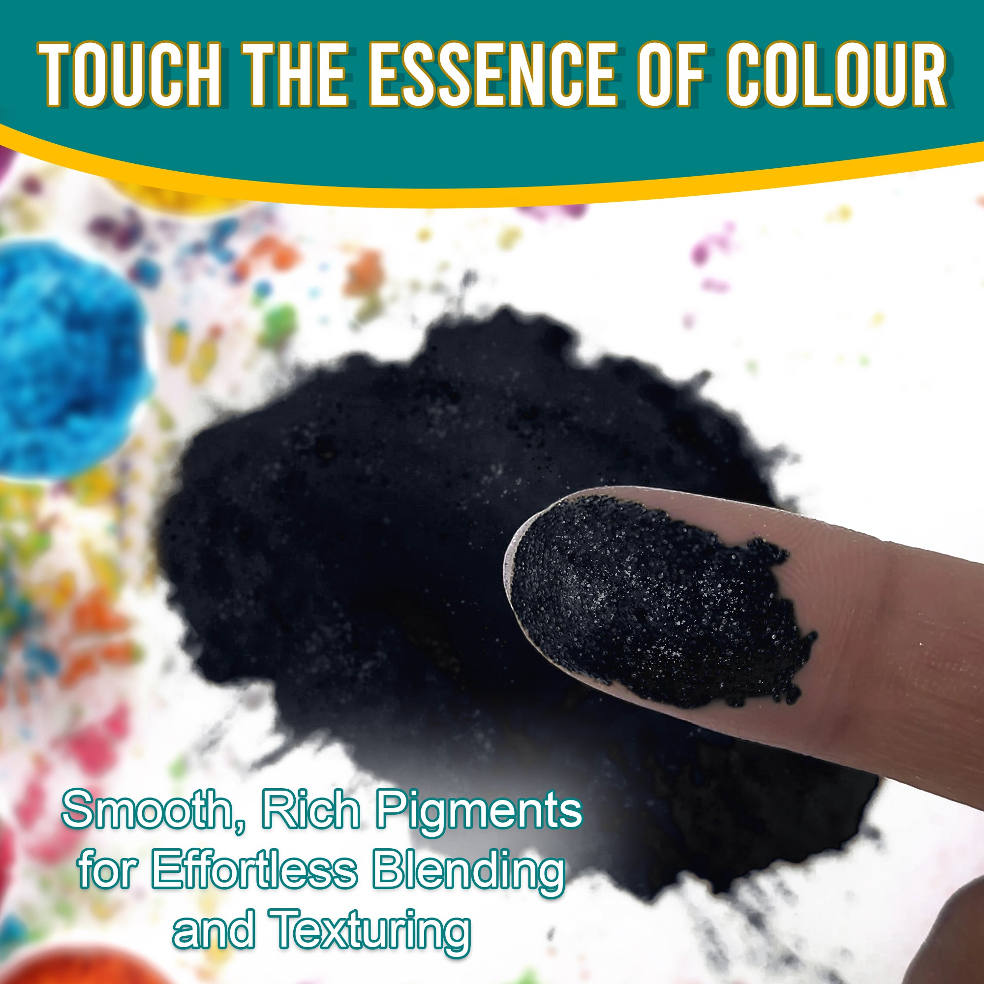 Close-up of a fingertip dipped in smooth, rich Charcoal pigment powder against a background of colourful pigments, emphasizing effortless blending and texturing.