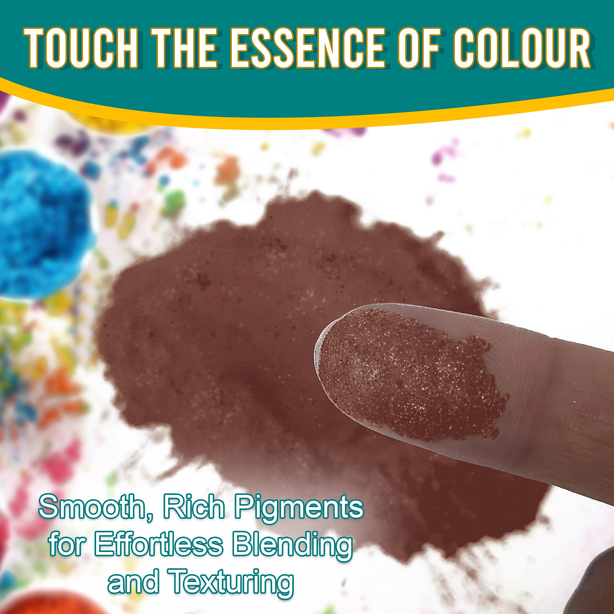 Close-up of a fingertip dipped in smooth, rich Coffee pigment powder against a background of colourful pigments, emphasizing effortless blending and texturing.