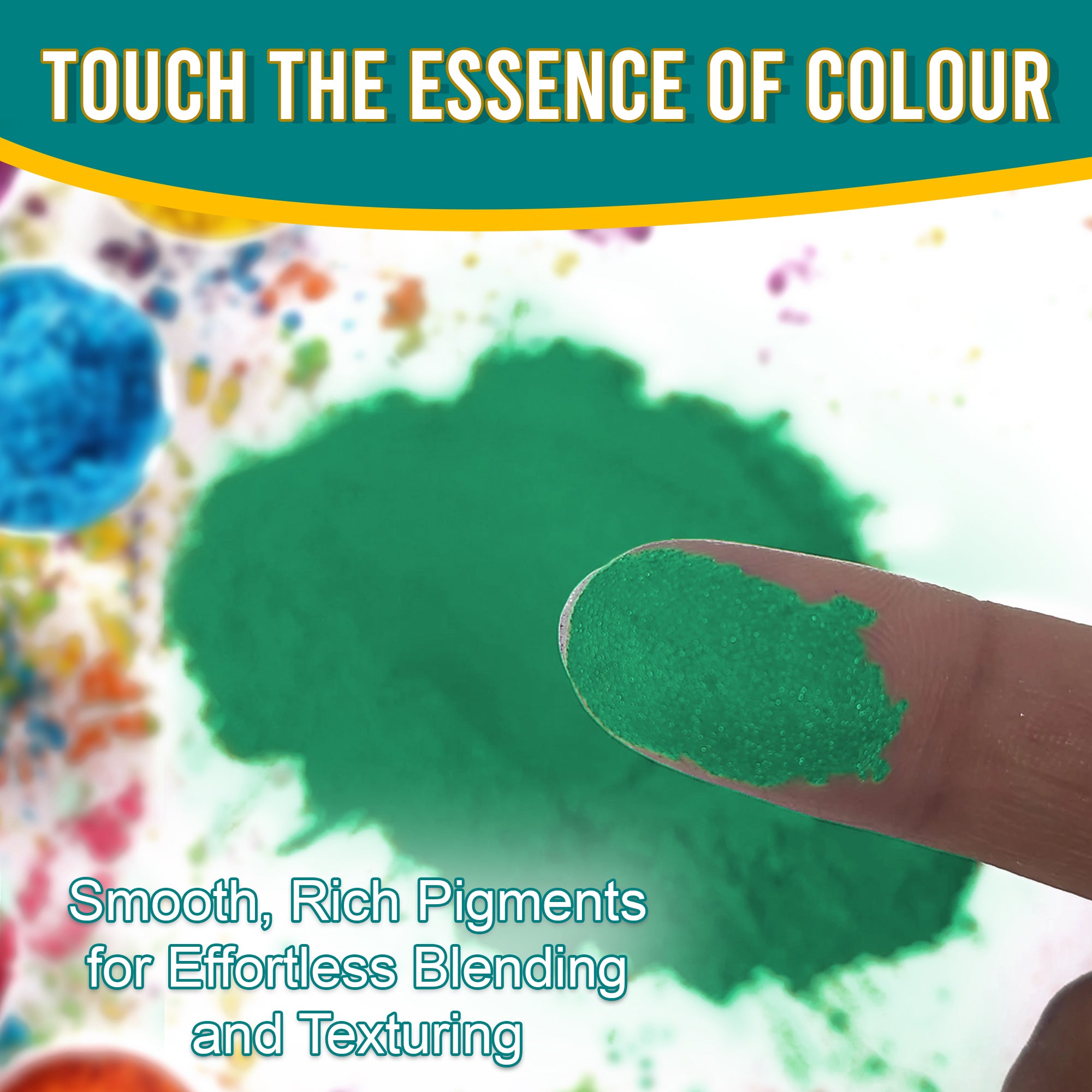 Close-up of a fingertip dipped in smooth, rich Emerald Green pigment powder against a background of colourful pigments, emphasizing effortless blending and texturing.