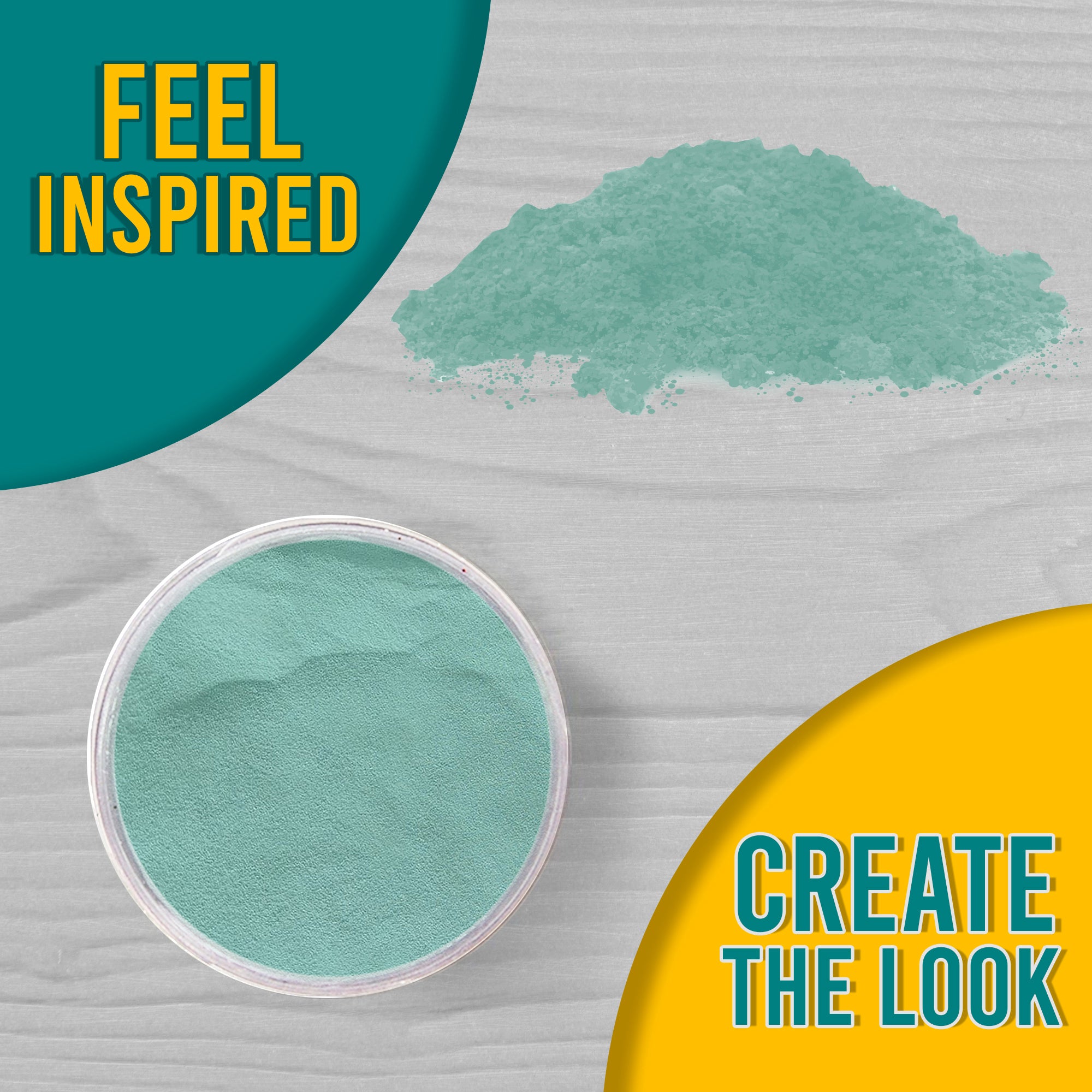 A 'Feel Inspired, Create the Look' graphic featuring Green Turquoise Pastel embossing powder from a top view, both in the jar and as a small pile.