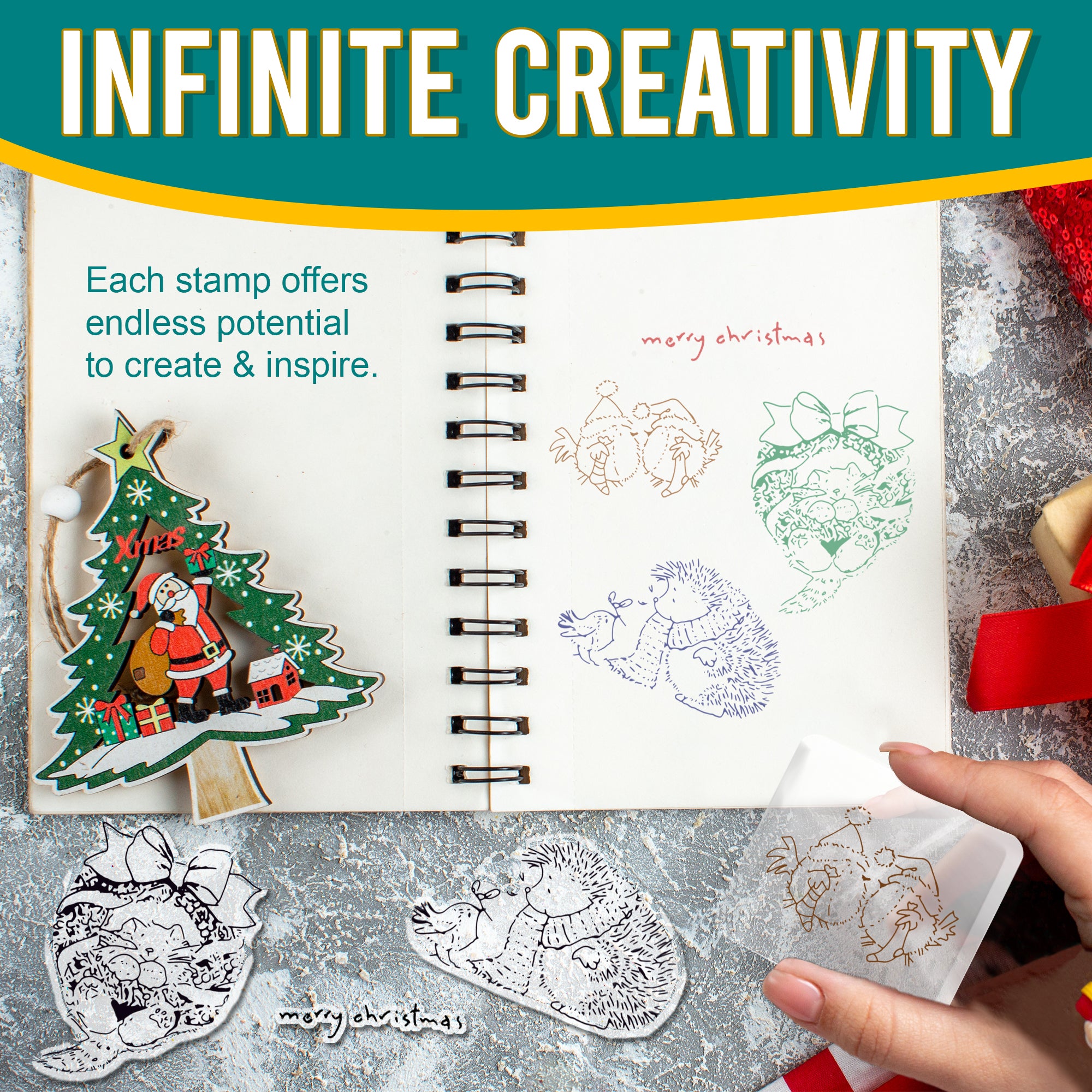 An open notebook with stamped designs made using the Pretty Things London Christmas Animals stamp set. The page displays colourful stamped images of hedgehogs, ducks, and a cat. The text "Infinite Creativity" emphasizes the endless potential for creating and inspiring with these stamps.