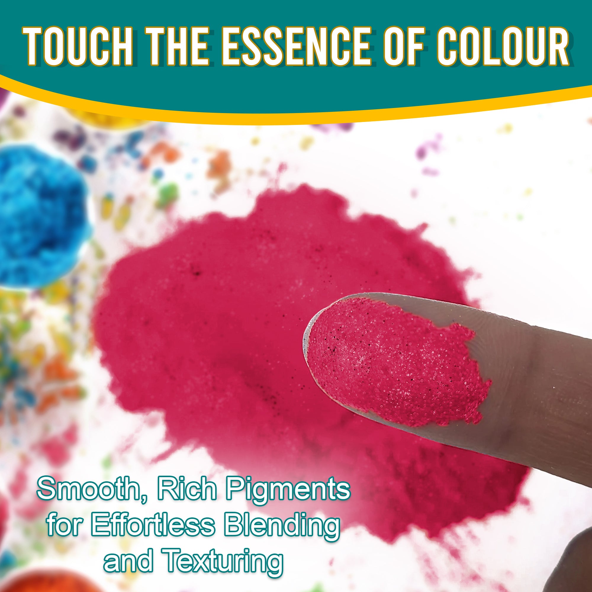 Close-up of a fingertip dipped in smooth, rich Magenta pigment powder against a background of colourful pigments, emphasizing effortless blending and texturing.