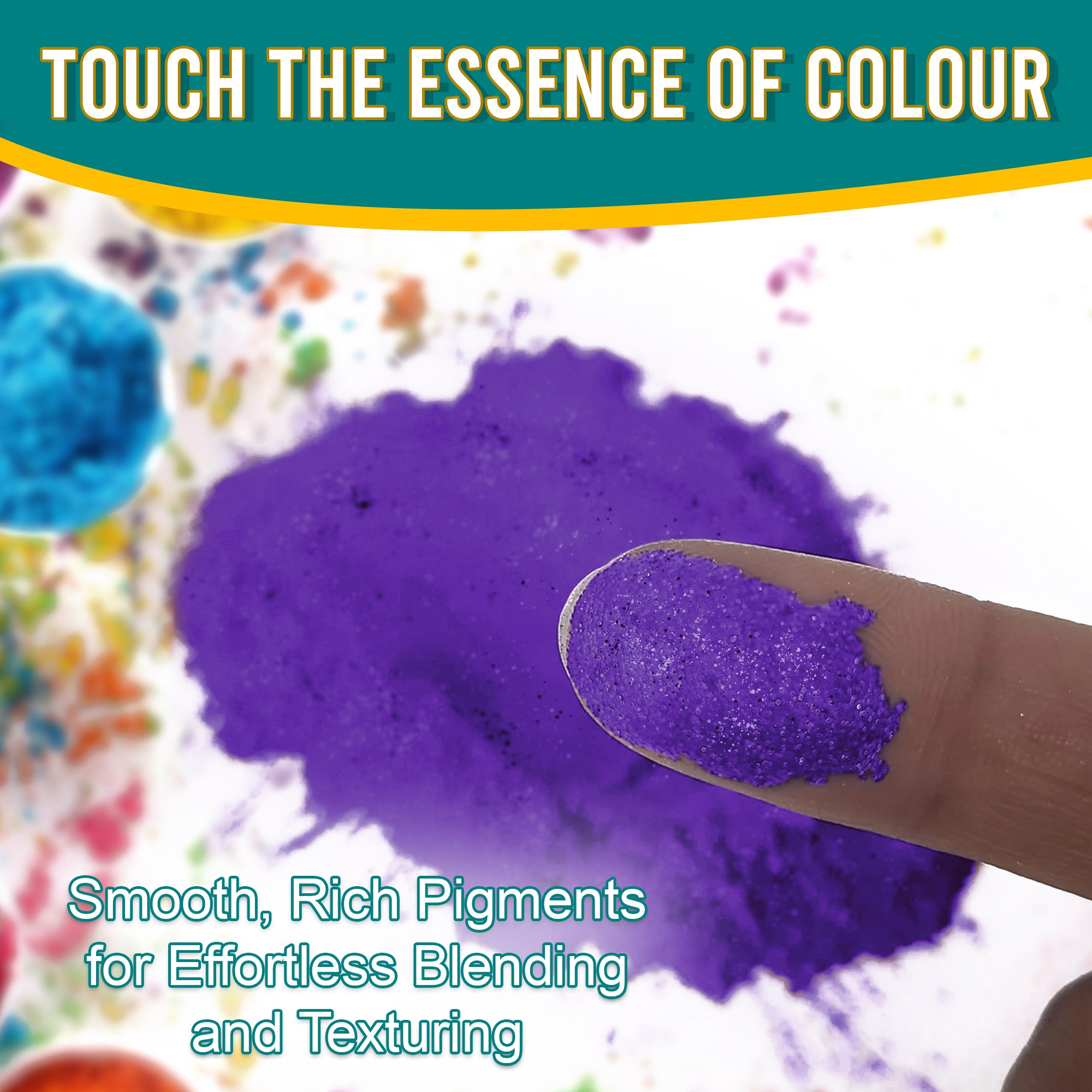 Close-up of a fingertip dipped in smooth, rich Magic Violet pigment powder against a background of colourful pigments, emphasizing effortless blending and texturing.