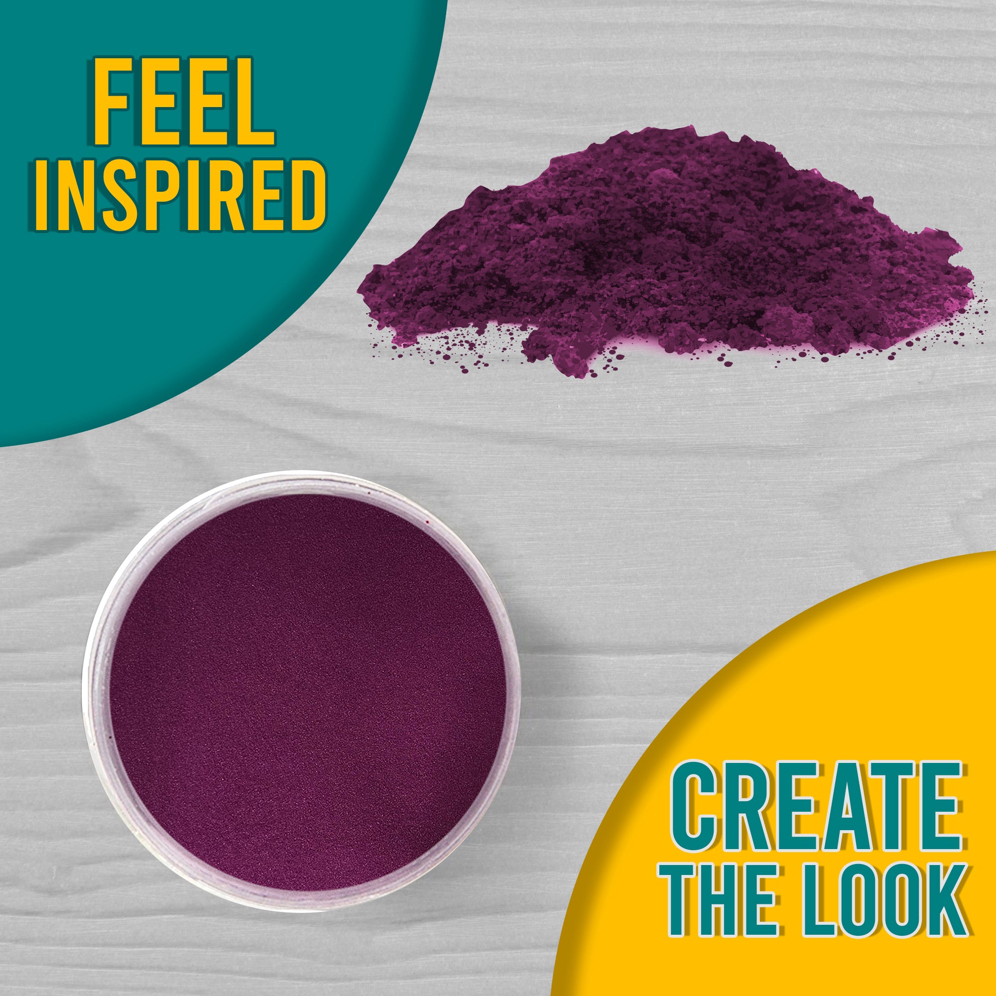 A 'Feel Inspired, Create the Look' graphic displaying Purple Razzmic Berry embossing powder from a top view, both in its jar and a small pile on a surface.