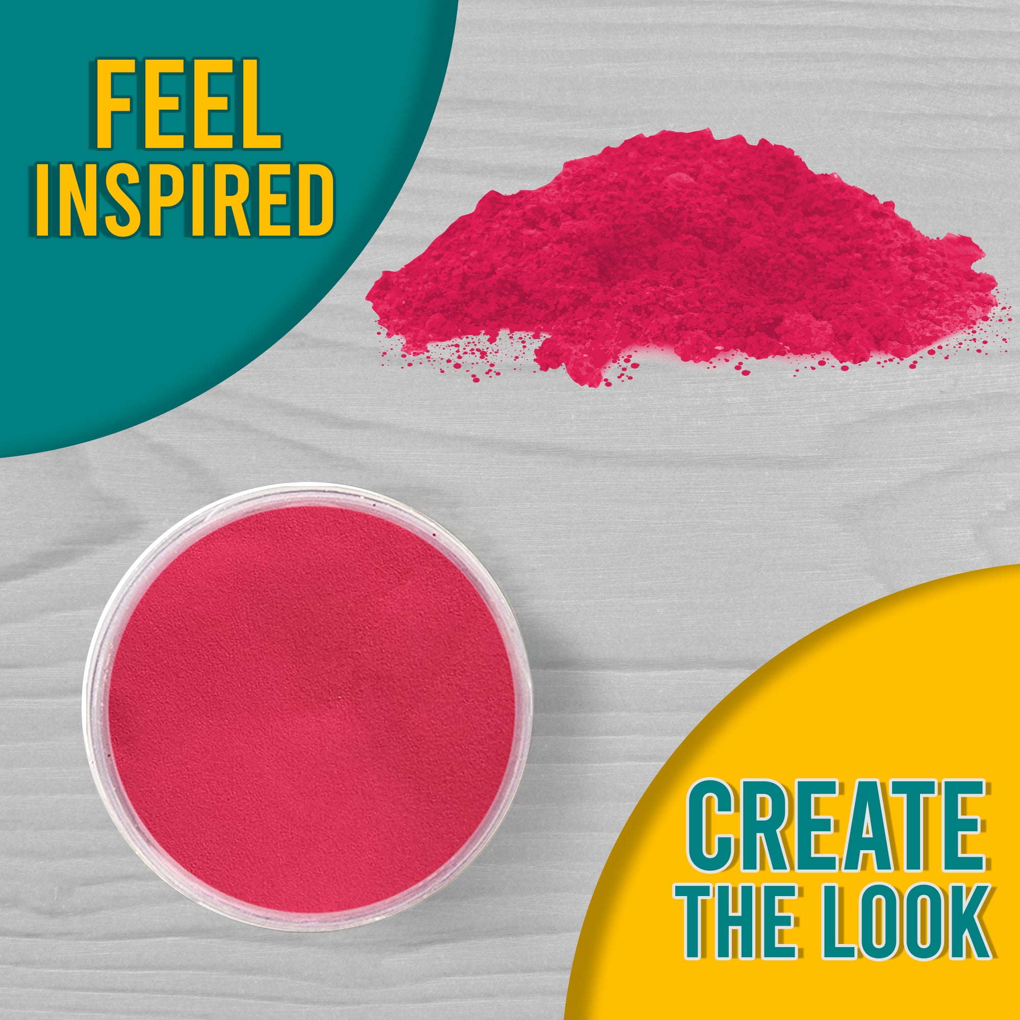 A 'Feel Inspired, Create the Look' graphic with a top view of Azalea Pink embossing powder, both in the jar and a small pile on a light wooden surface.